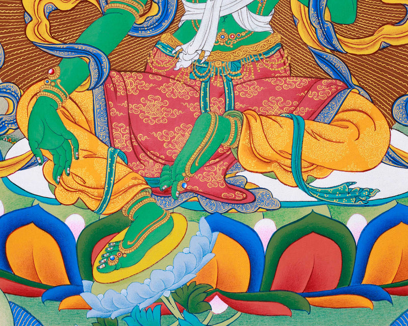 Radiant Green Tara Thangka Print, with Ushnisha (Namgyalma) and Pannasavari