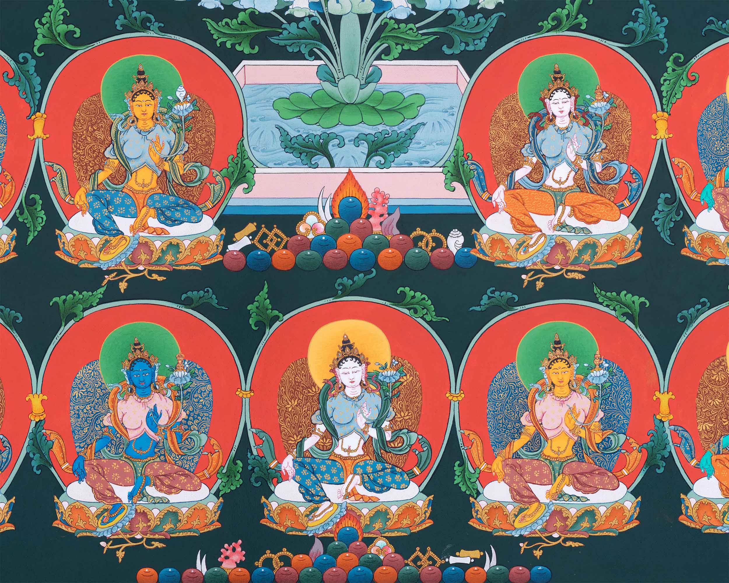 Thangka of 21 Tara Goddess | Traditional Karma Gadri Painting | Tibetan Wall Hanging