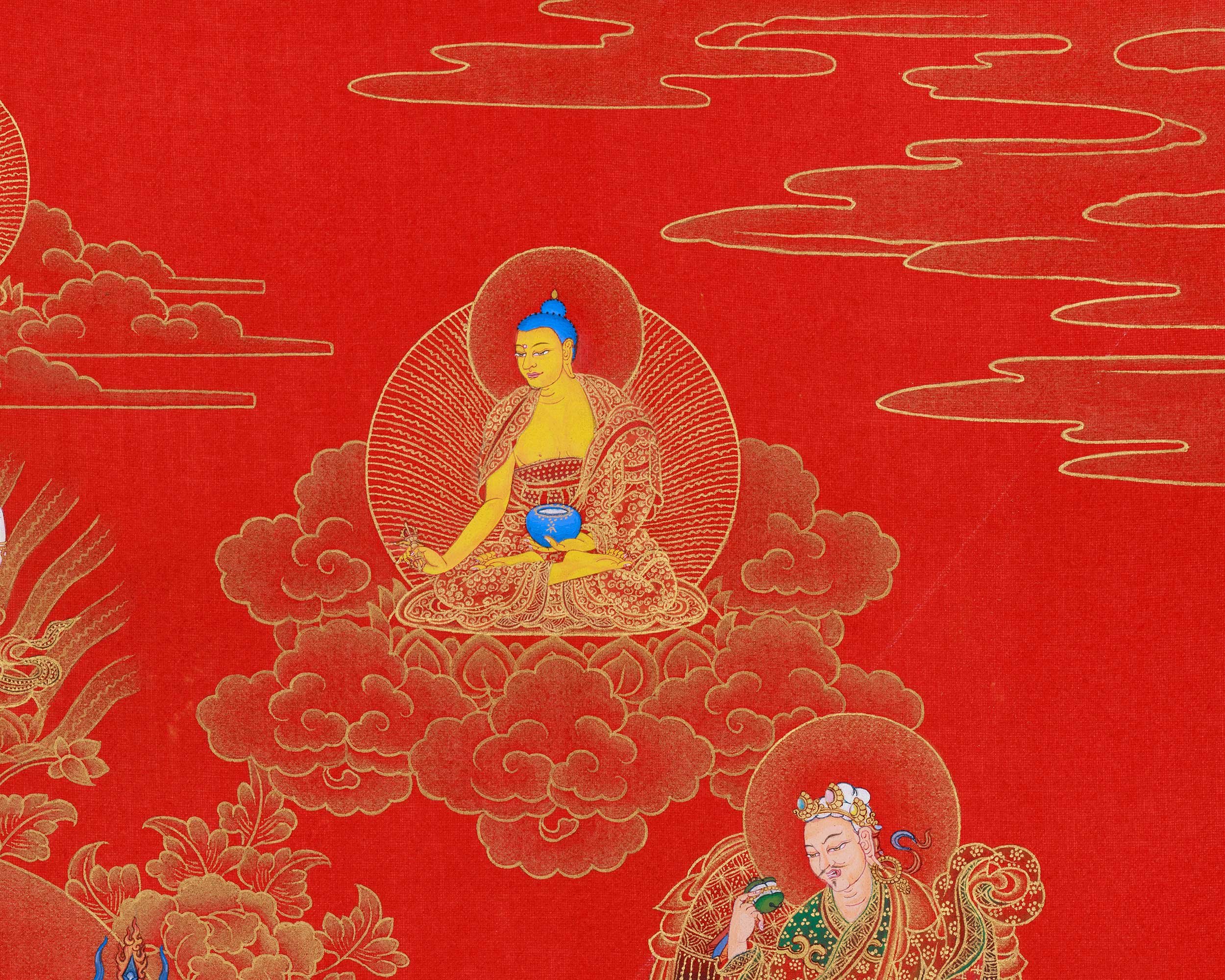 Experience the Sacred Power of Guru Sangye Thangka | A Premium NAKTHANG Thangka of Guru Rinpoche and His Divine Retinue