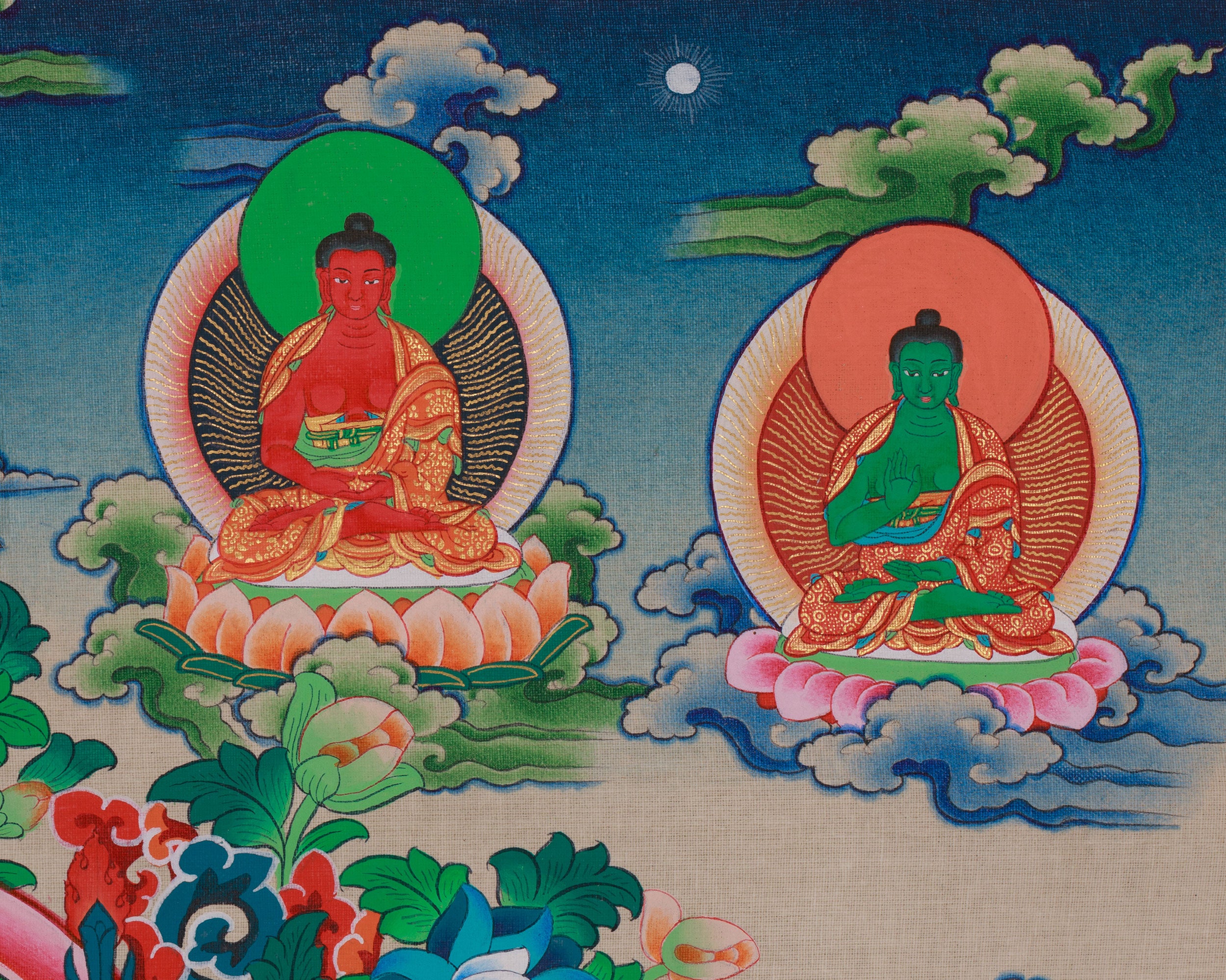 Spiritual Teacher Guru Padmasambhava | With His Two Principal Consort and Five Dhyani Buddhas