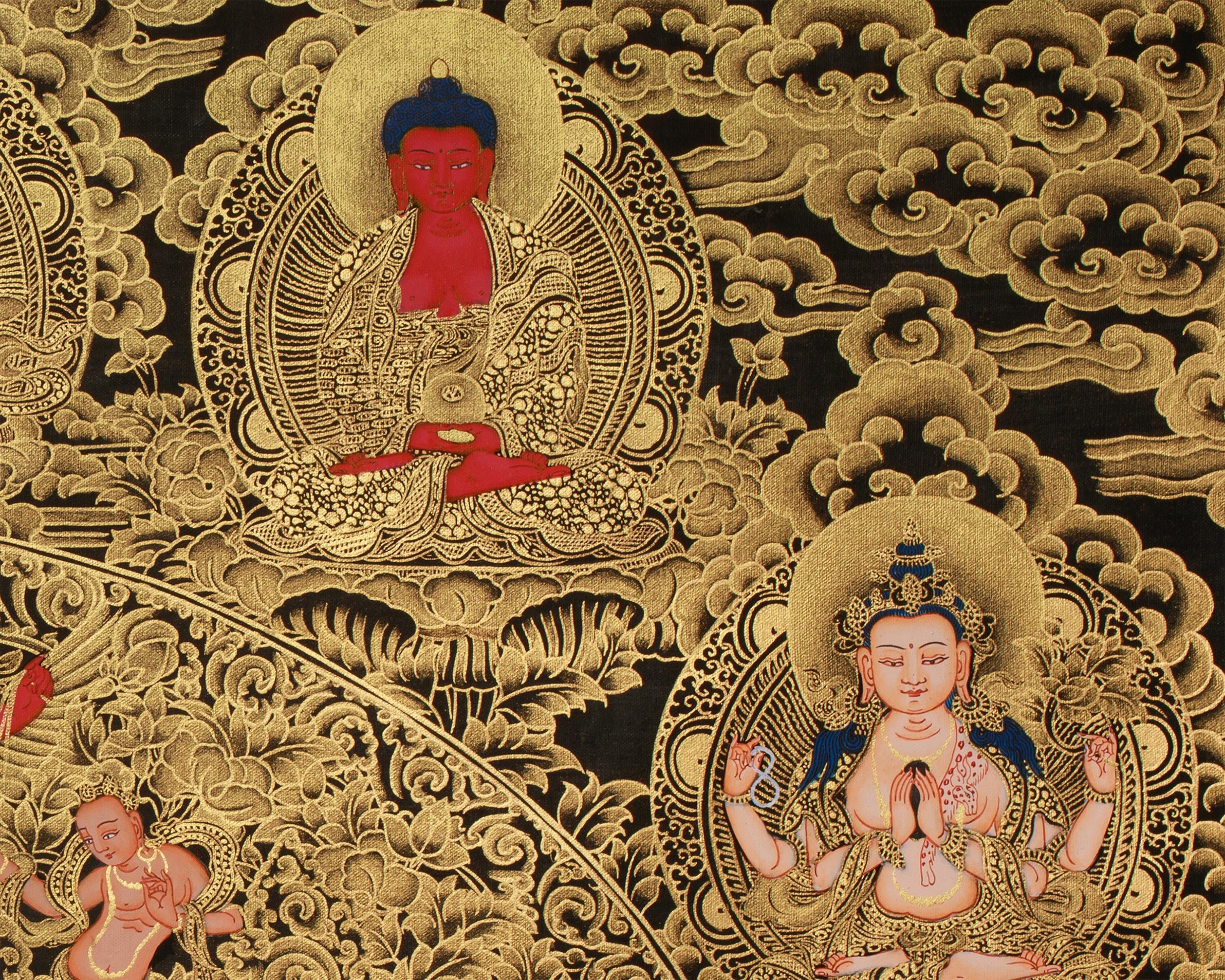 Opulent Gold Thangka of Historical Shakyamuni Buddha | The Awakened One in Elaborate Gold Throne