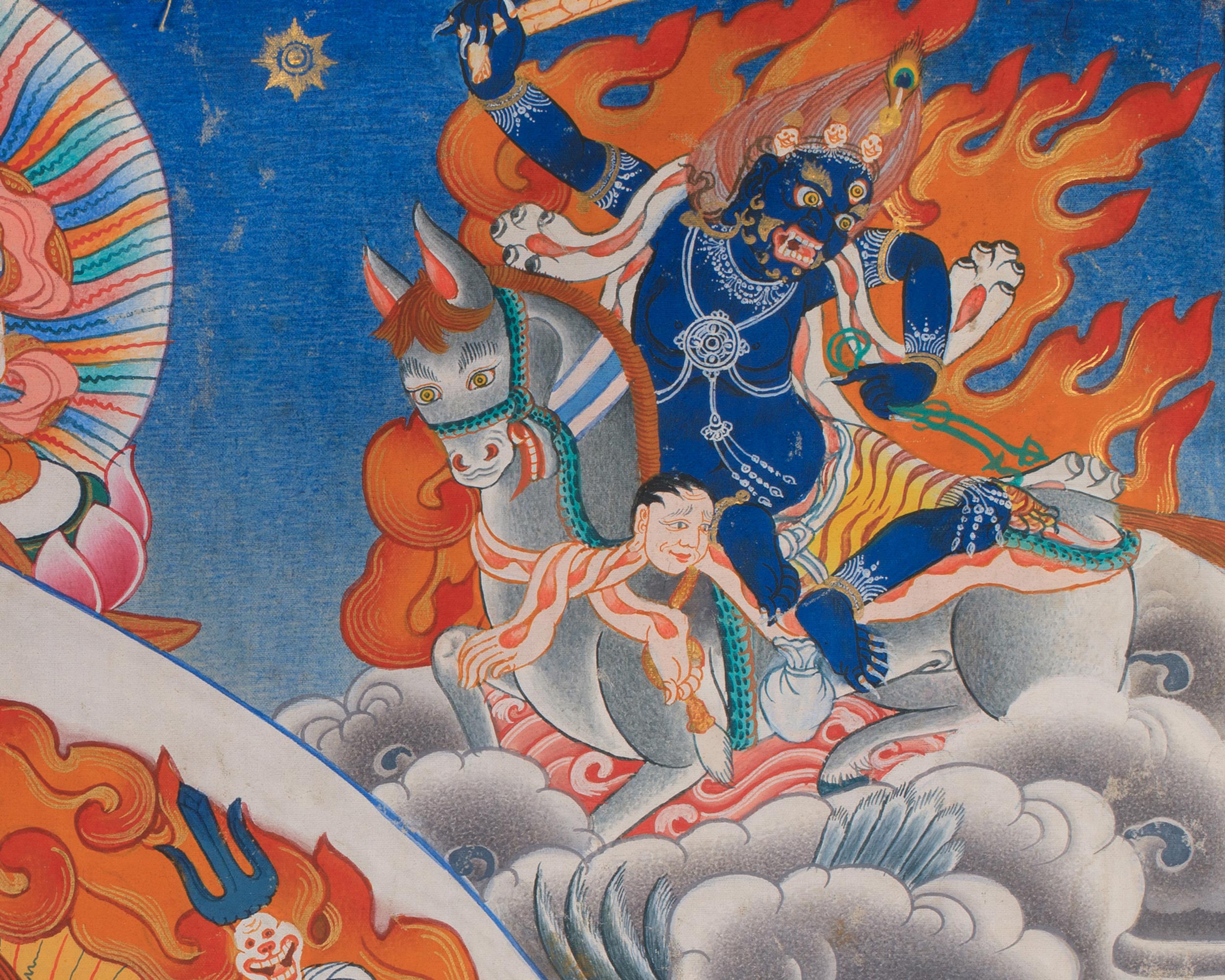 Six-Arms Mahakala Thangka With Brocade | Tibetan Protector Deity for Powerful Protection