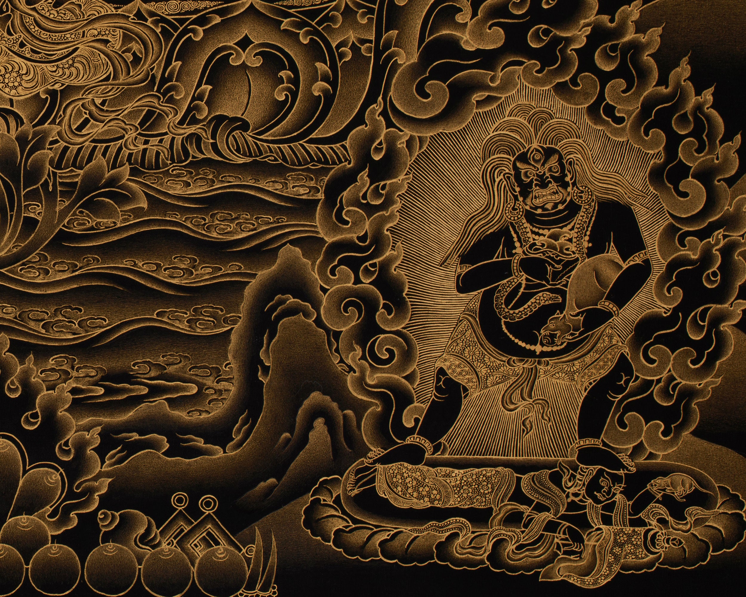 Gold on Black Five Dzambhalas Thangka | Hand-Painted Tibetan Wealth Deities