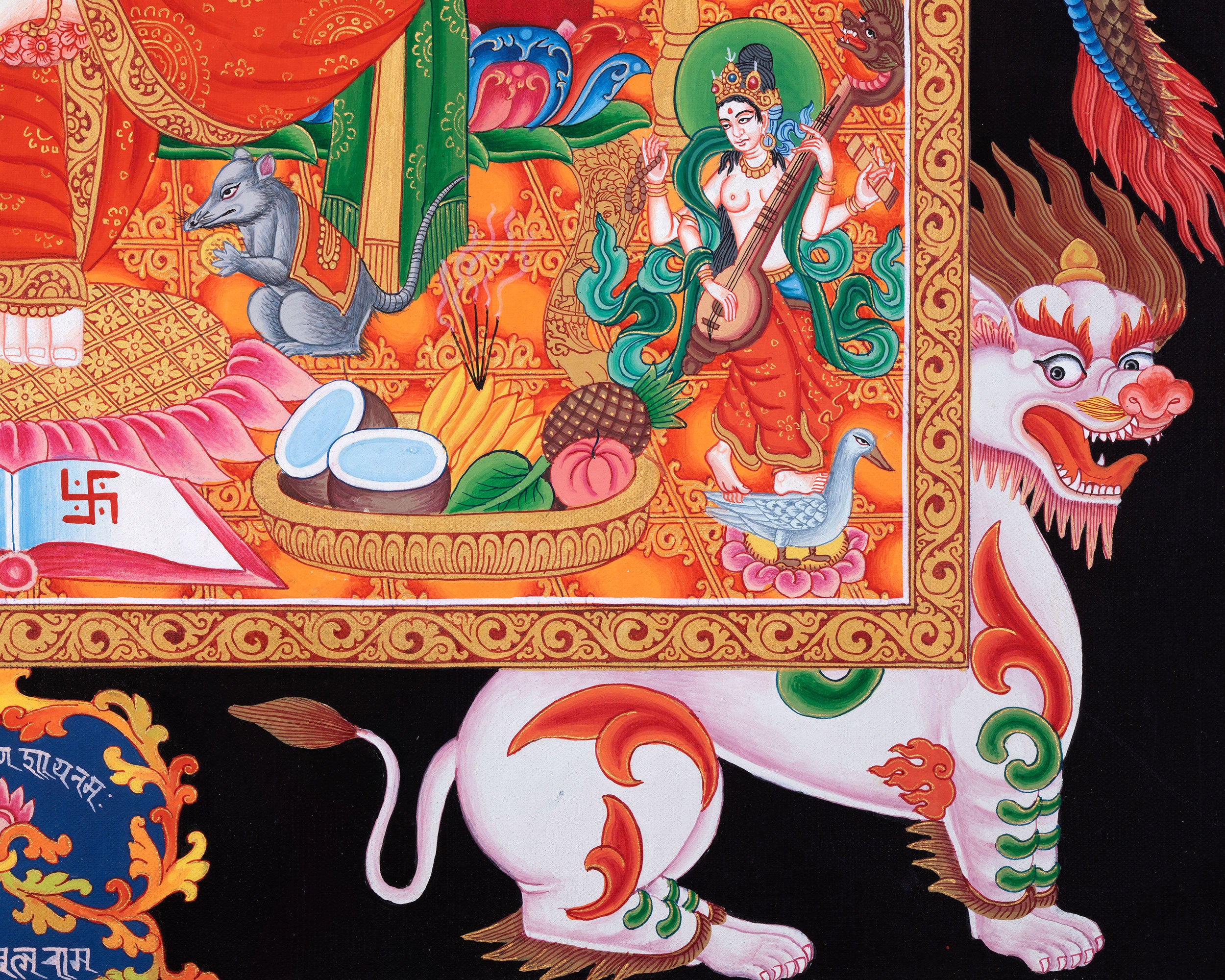 Ganesh Thangka Painting With Kartikeya and Saraswati | Ganapati Baba Canvas Art