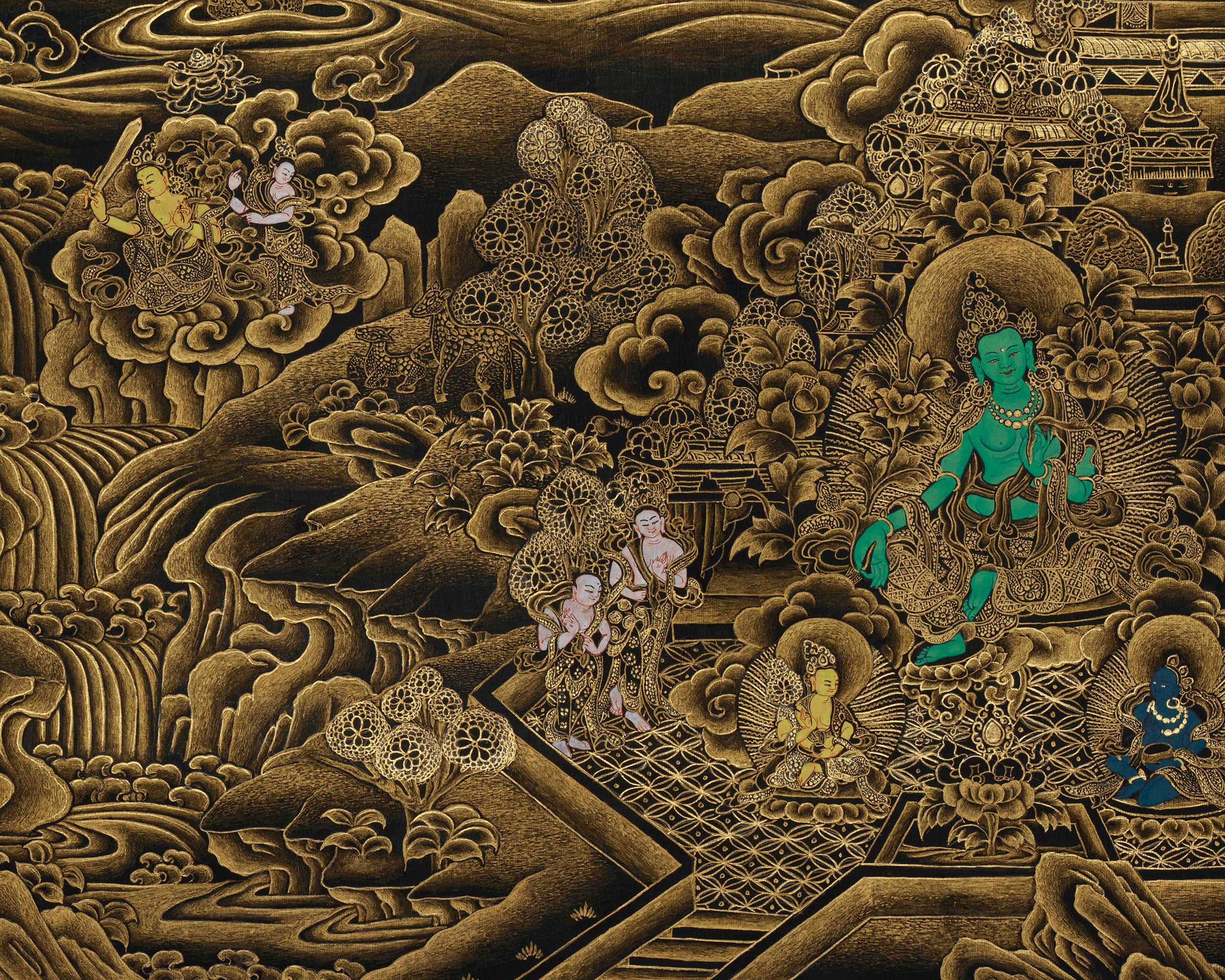 Golden-Hued Vajrayana Buddhist Manjushri Print | Wisdom Deity Wall Art for Altar