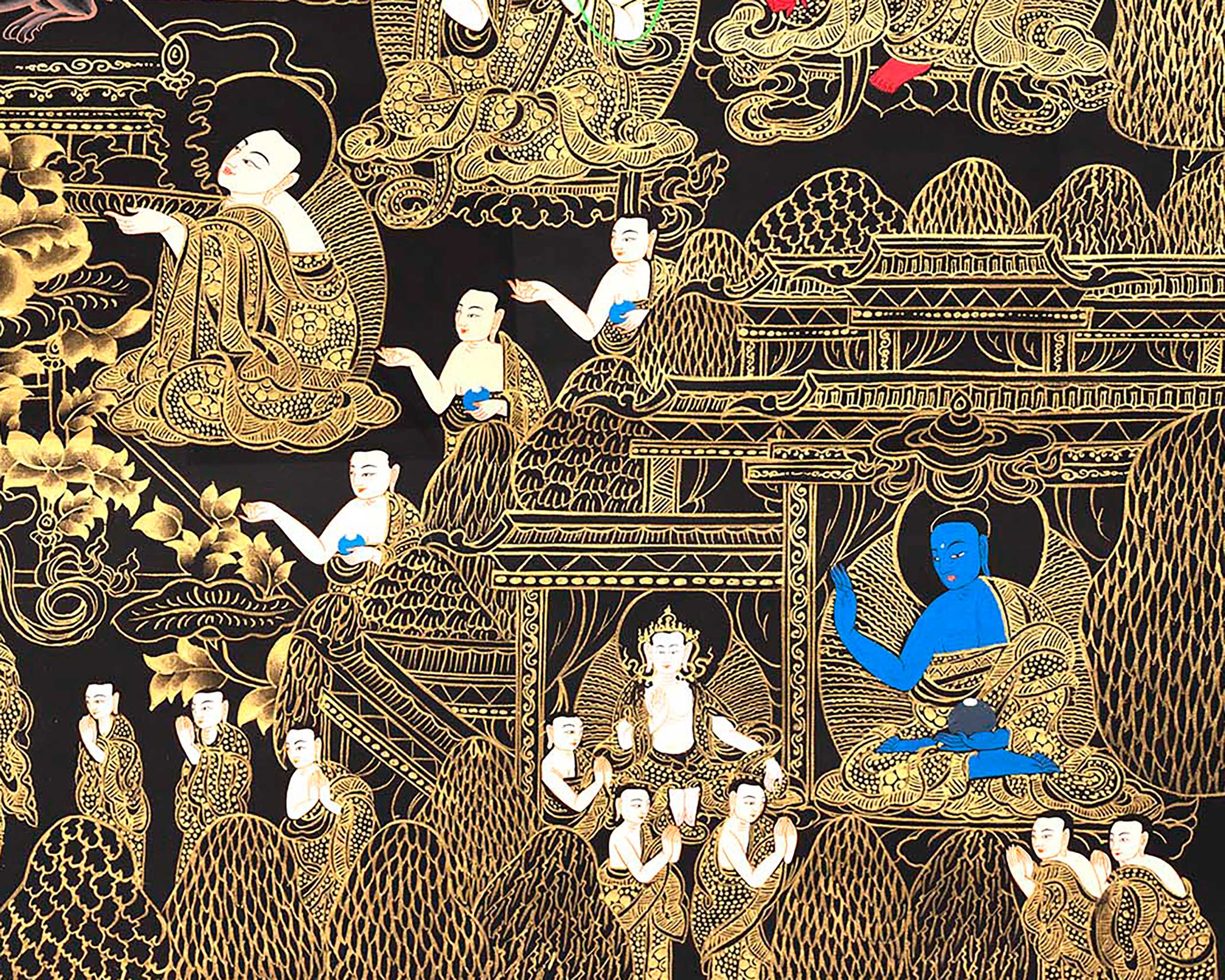 Black and Gold Amitabha Buddha Thangka | Sukhavati Thangka | Meditation Buddha
