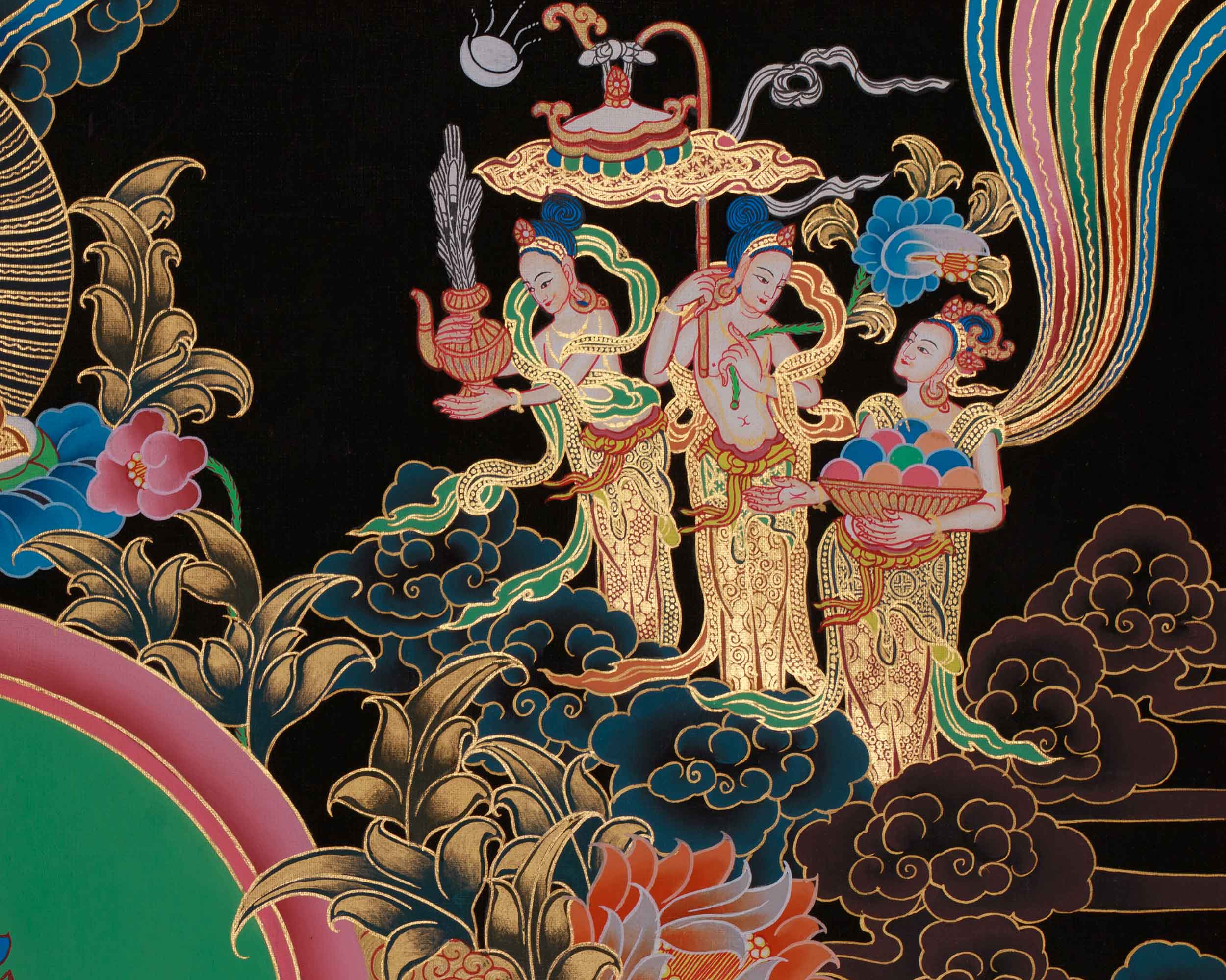 Himalayan Thangka Of Manjushri | Amitabha Buddha, Chenrezig, Vajrapani