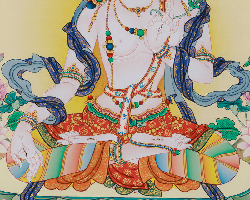 Buddhist White Tara Thangka Print on Canvas | Sacred Art of Compassion and Healing