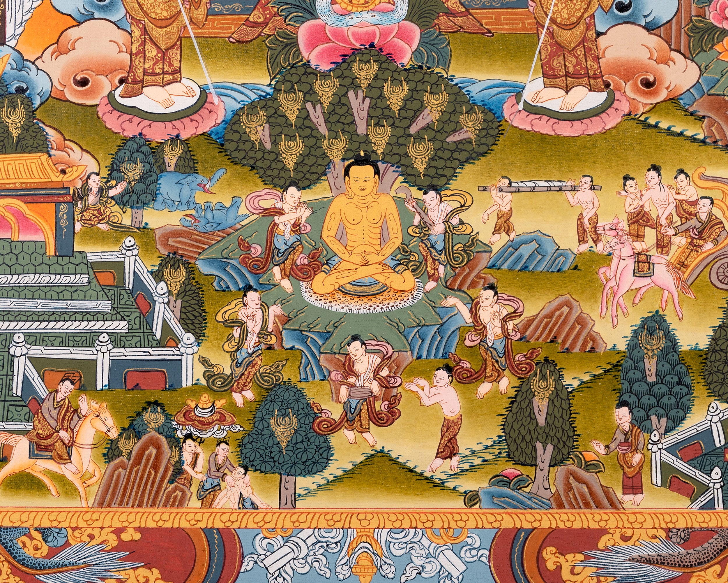 Buddha's Story to Enlightenment Thangka | A Spiritual Artwork of Compassion and Wisdom