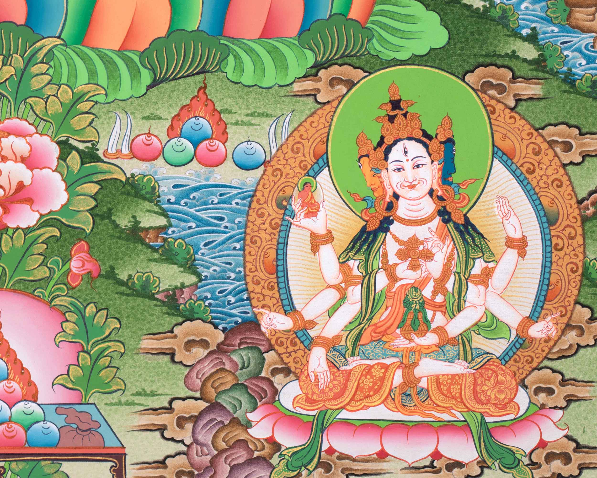 Female Buddhist Goddess, White Tara Thangka | 5 Dhyani Buddhas