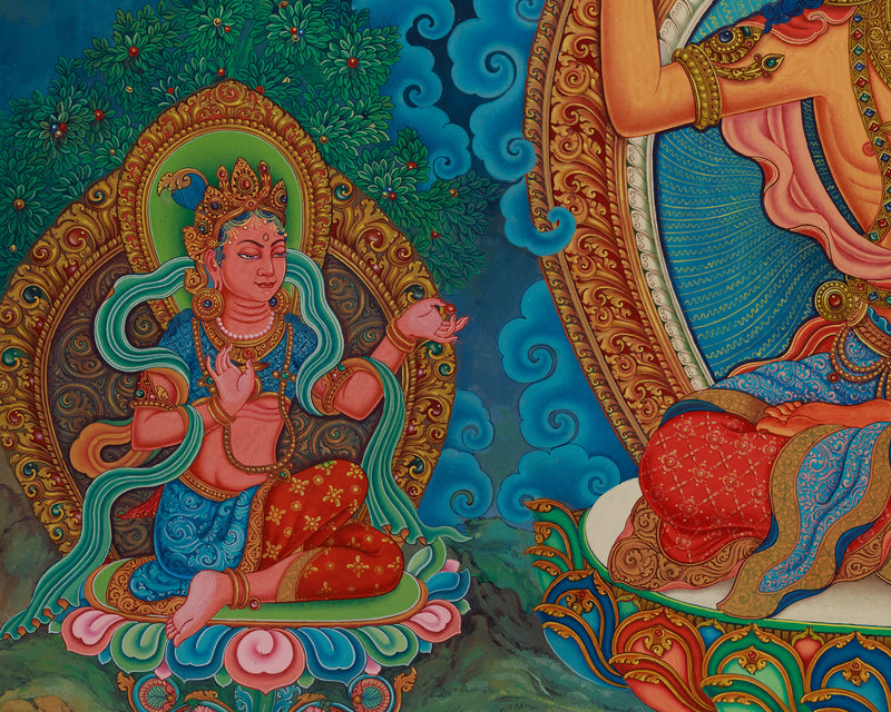 Exquisite Manjushri Painting | 5 Dhyani Buddhas and Bodhisattva | Tibetan Buddhist Wisdom Art