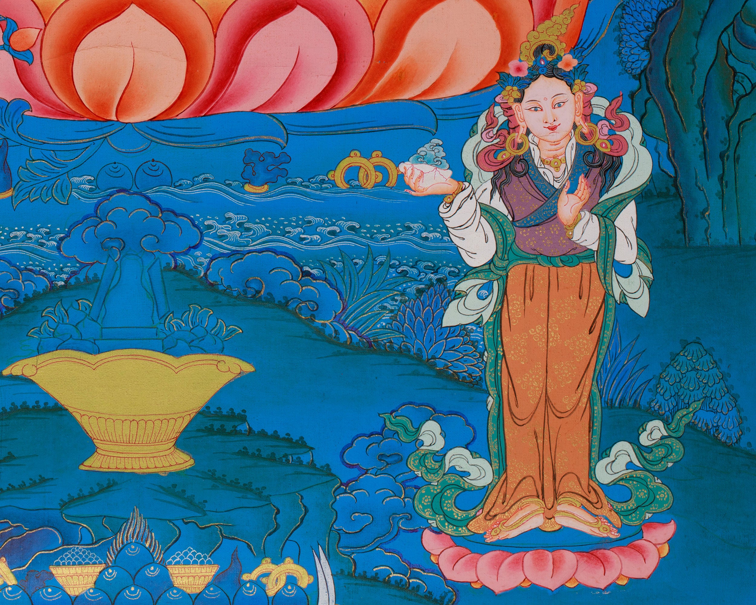 Guru Padmasambhava Artwork | Tibetan Thangka with Enlightened Beings and 24K Gold Detailing