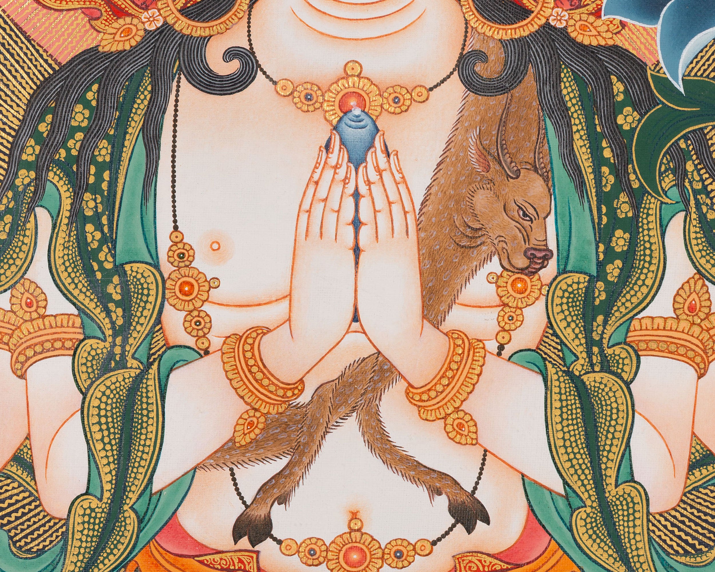 Divine Compassion in Eri Style: Avalokiteshvara Artwork with Amitabha Buddha, Manjushri and Vajrapani Figures