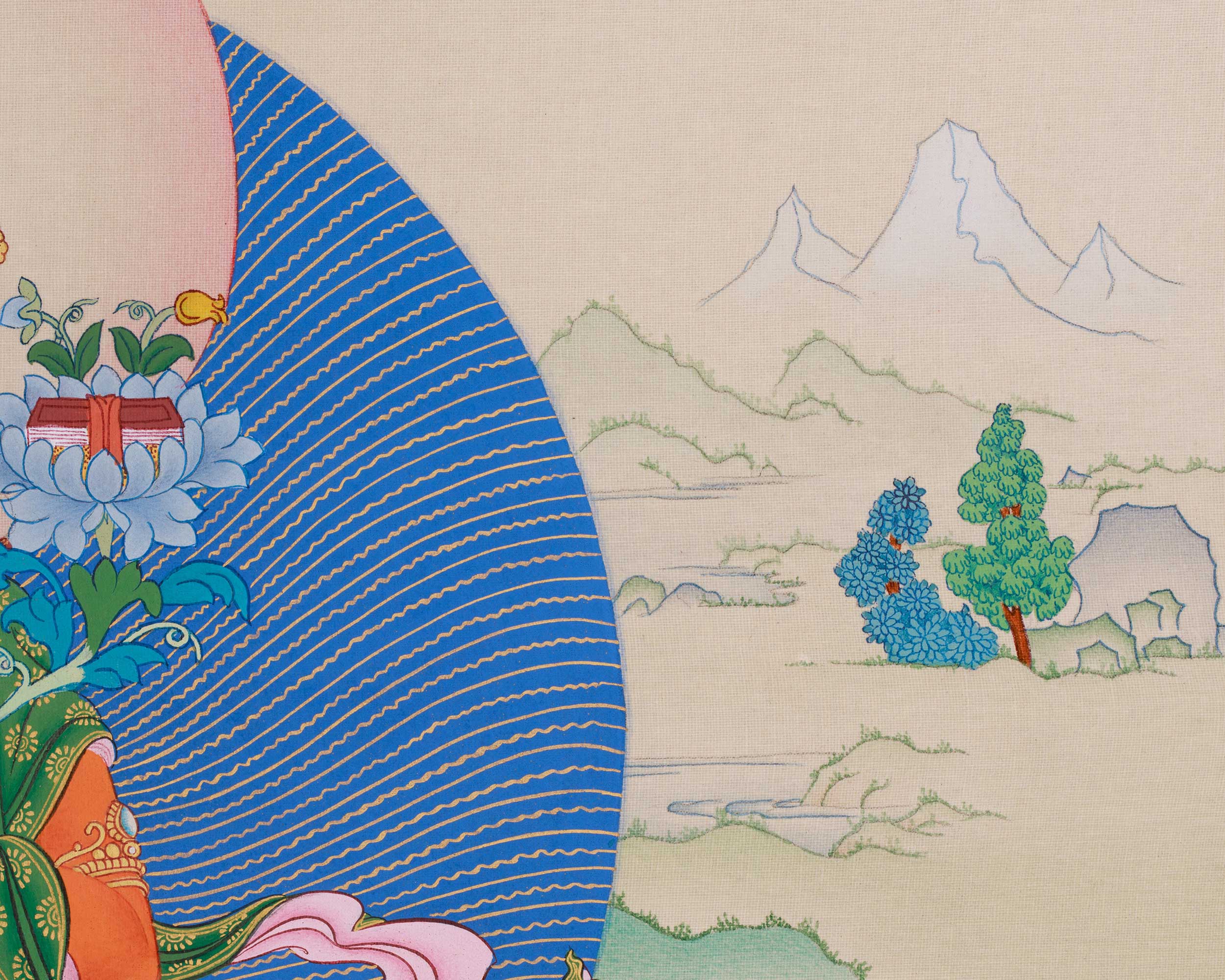 Sacred Manjushri, White Tara, and Dzambhala Thangka | Knowledge, Protection, and Prosperity