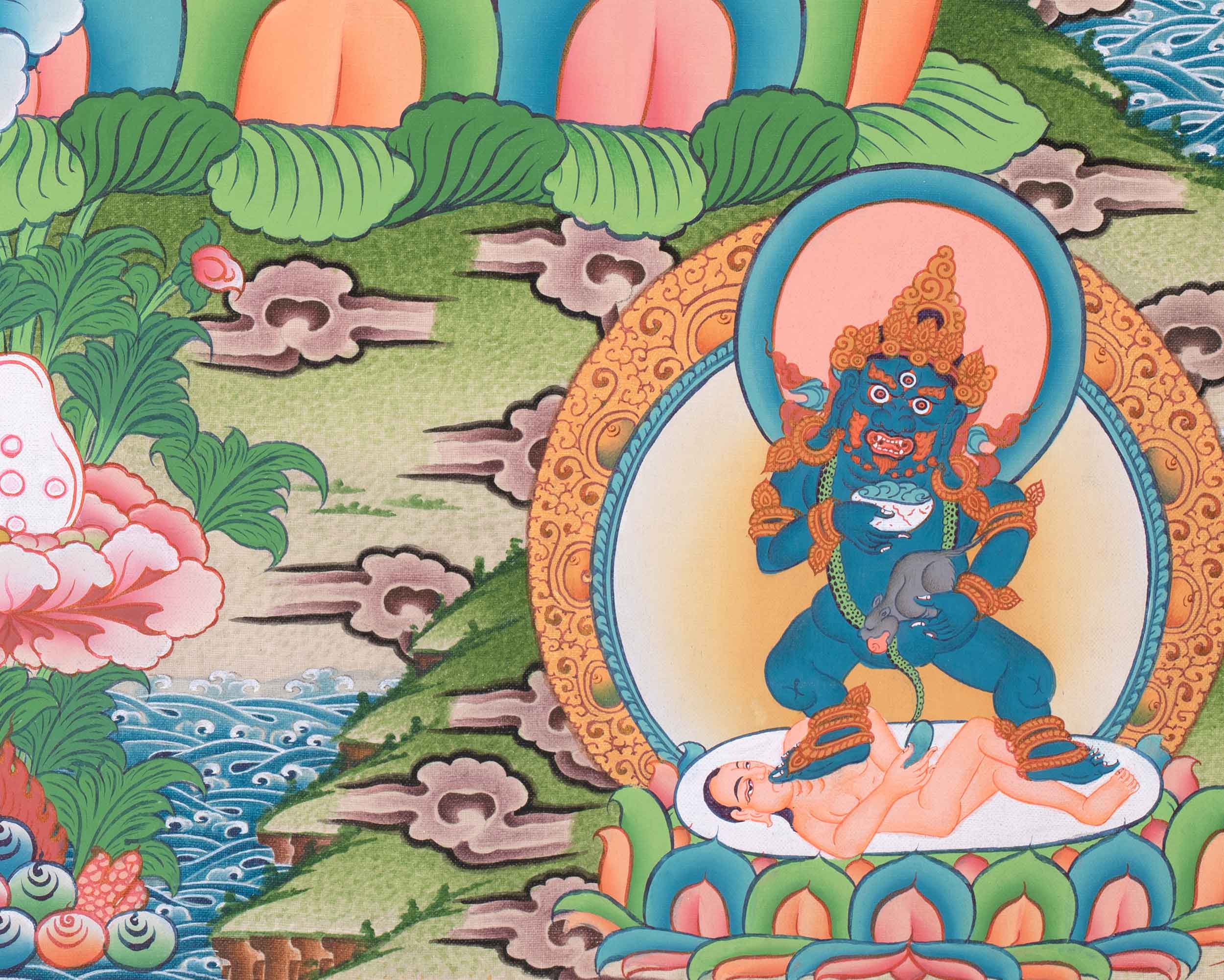 Five Dzambhalas Thangka | Featuring Amitabha Buddha | Hand-Painted on Cotton Canvas