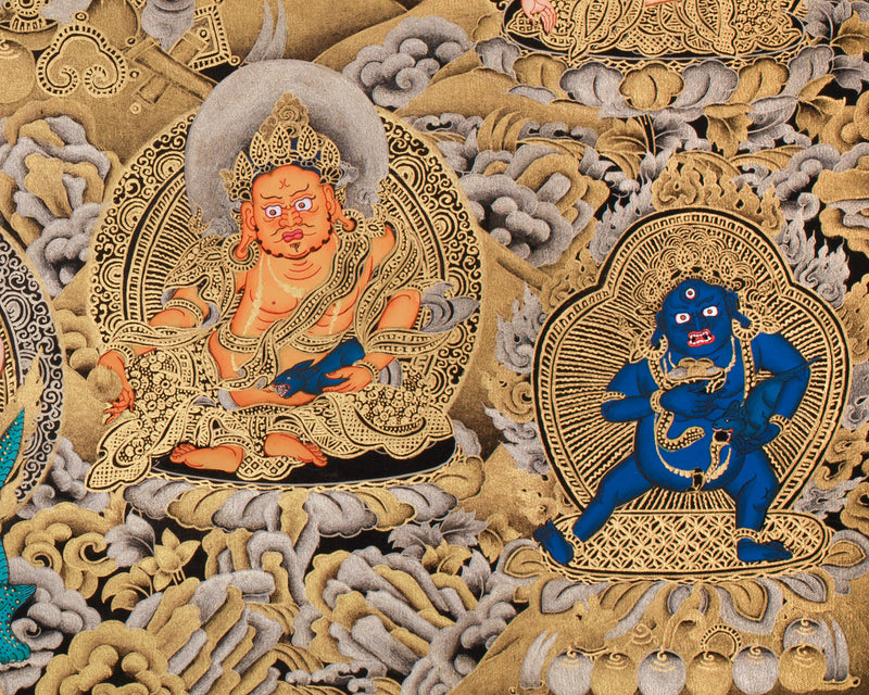 Exquisite Vaishravana, Guardian of the North Thangka | 24K Gold Embellished Art on Black Canvas