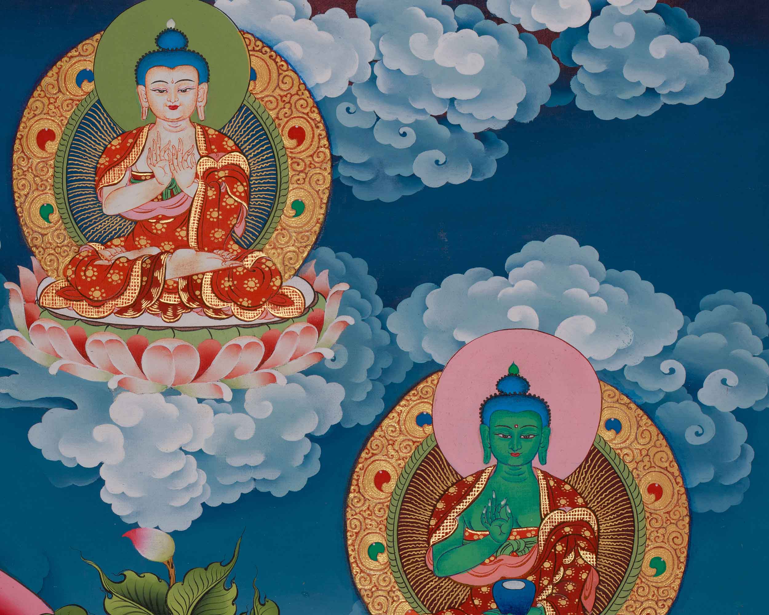 Green Tara Divine Thangka | Five Dhyani Buddhas, Saraswati, and Dukar