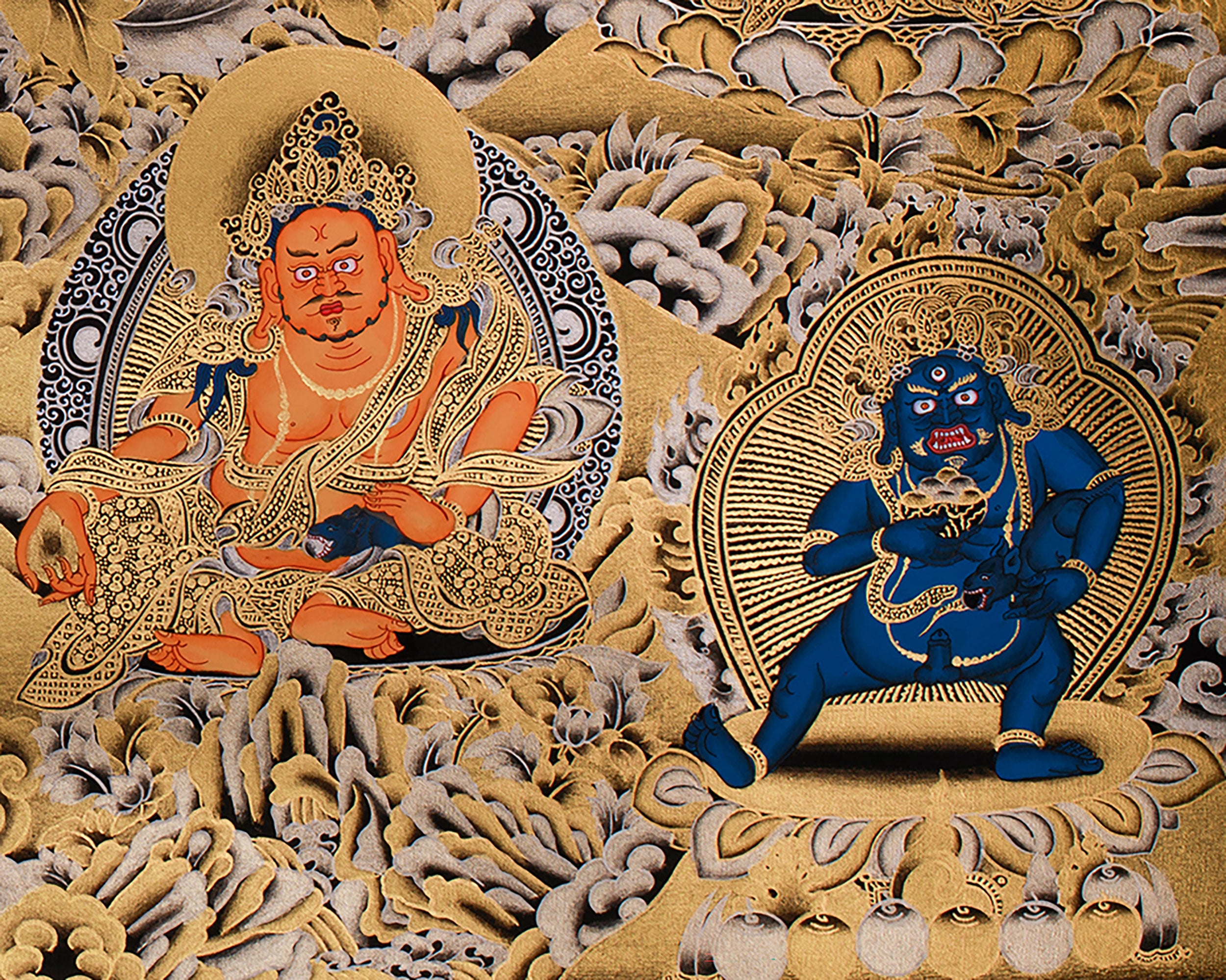 The Tranquil Presence of 4 arms Avalokiteshvara | Gold Embellished Thangka of Compassion