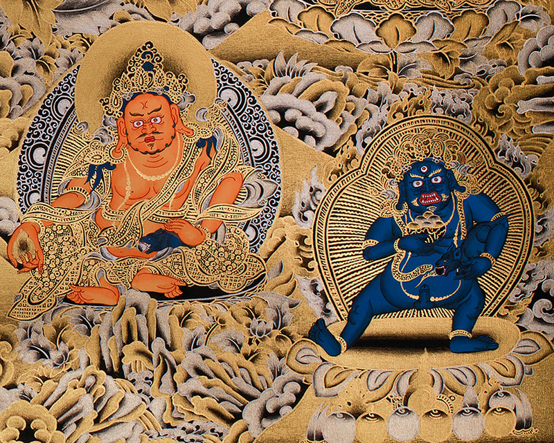 The Tranquil Presence of 4 arms Avalokiteshvara | Gold Embellished Thangka of Compassion