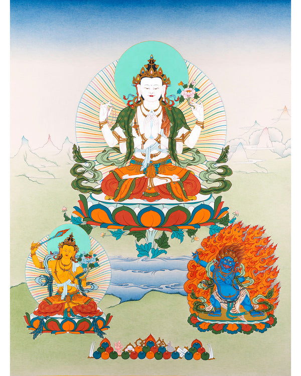 Bodhisattva Thangka | Genuine 24K Gold Hand Painted Tibetan Art | Avalokiteshvara, Vajrapani & Manjushri