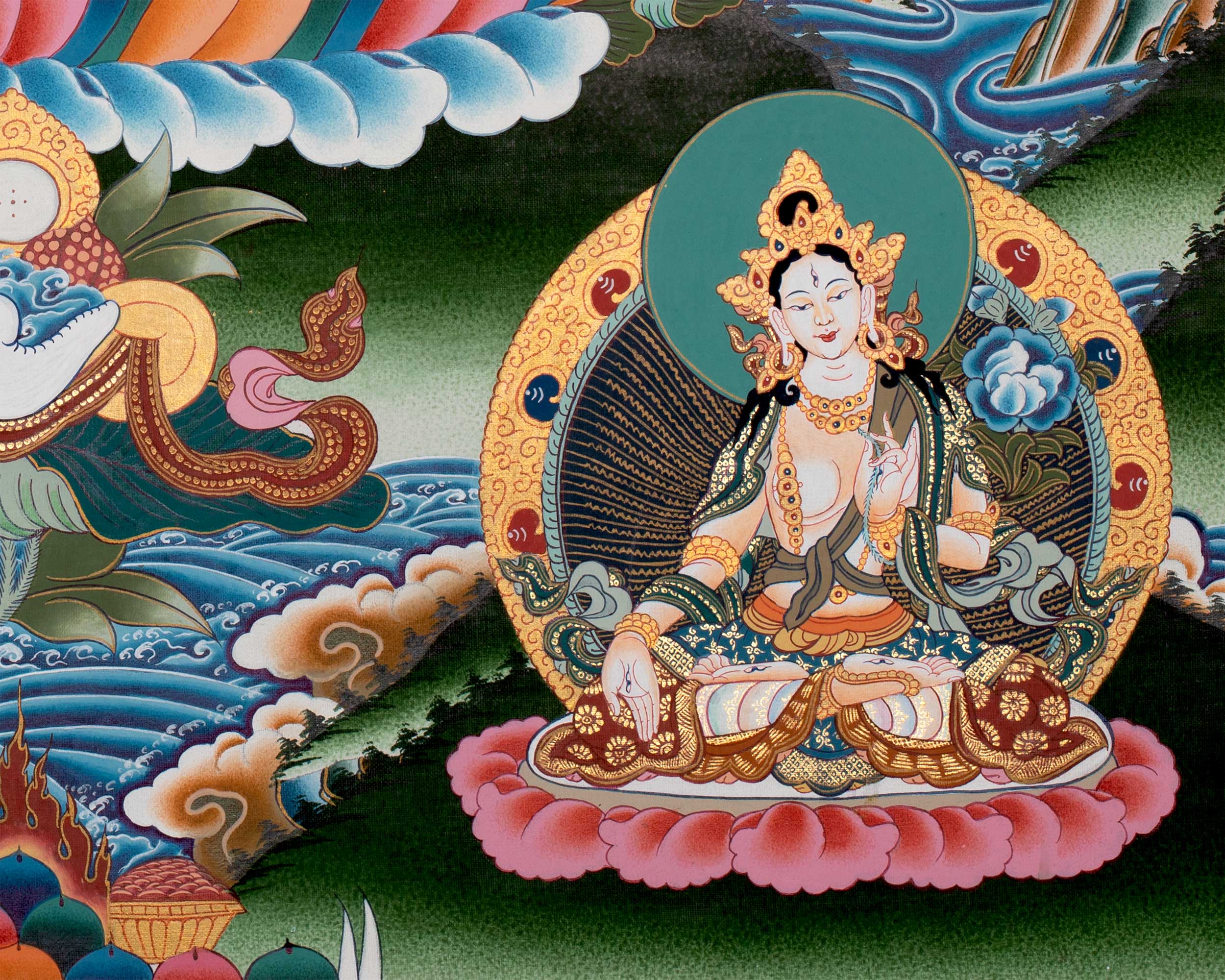 Maitreya Buddha Thangka Featuring Tsongkhapa, Guru Rinpoche, Green Tara & White Tara