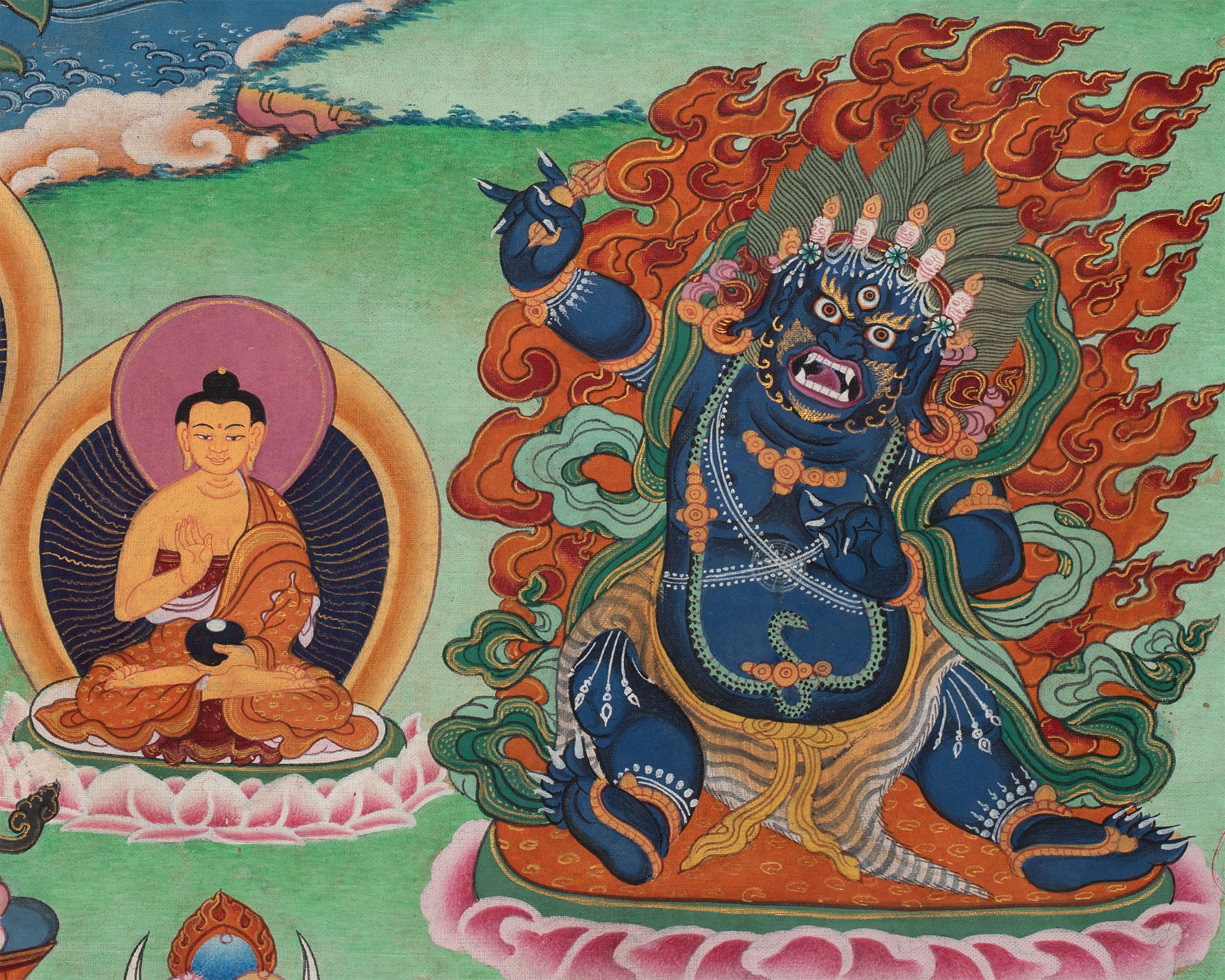 Original Vintage Chenrezig Thanka with Brocade | Traditional Thangka Art