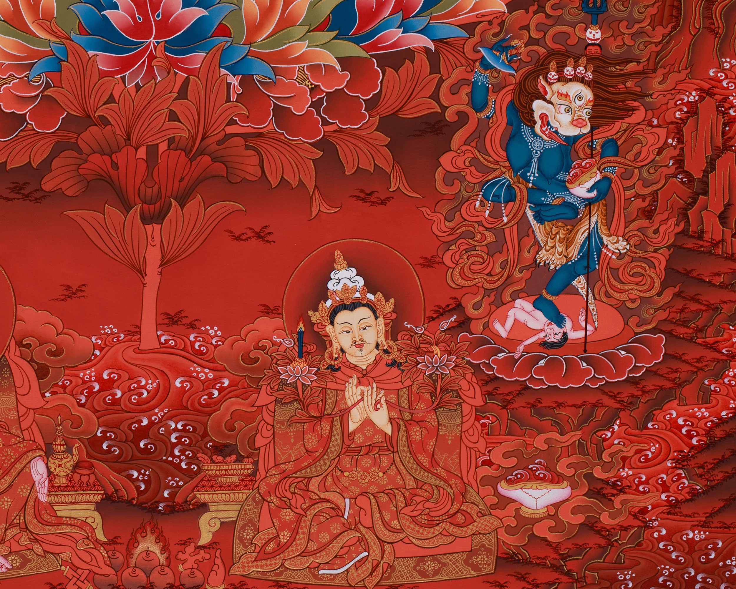 Peaceful Guru Tsokye Dorje | Red Hues Tibetan Artwork