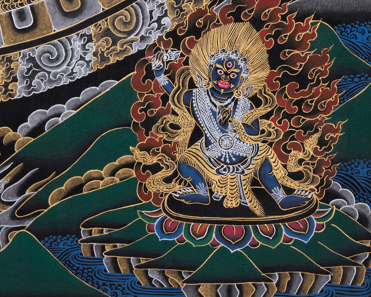 Original Hand Painted Black And Gold Style Chengrezig Mandala Thangka | Tibetan Buddhist Meditation And Yoga Art |