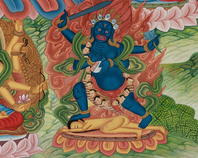 Yellow Dzambhala, The Wealth Deity Thangka | Prosperity Thangka With Five Dhyani Buddhas