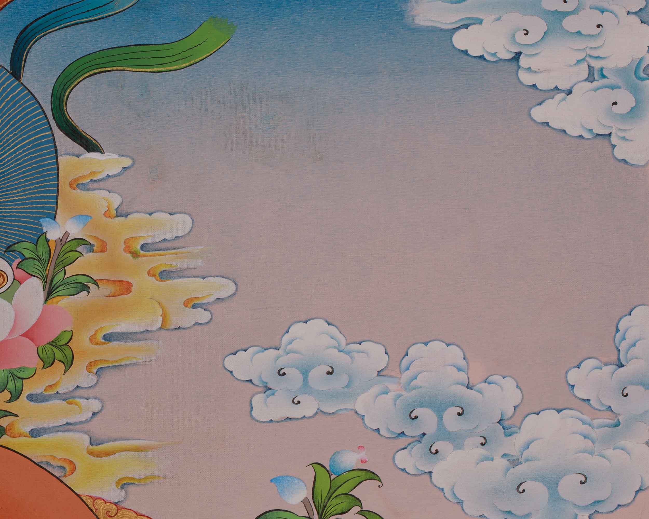 Chenrezig with Amitabha, Manjushri, and Vajrapani Thangka | Avalokiteshvara Art