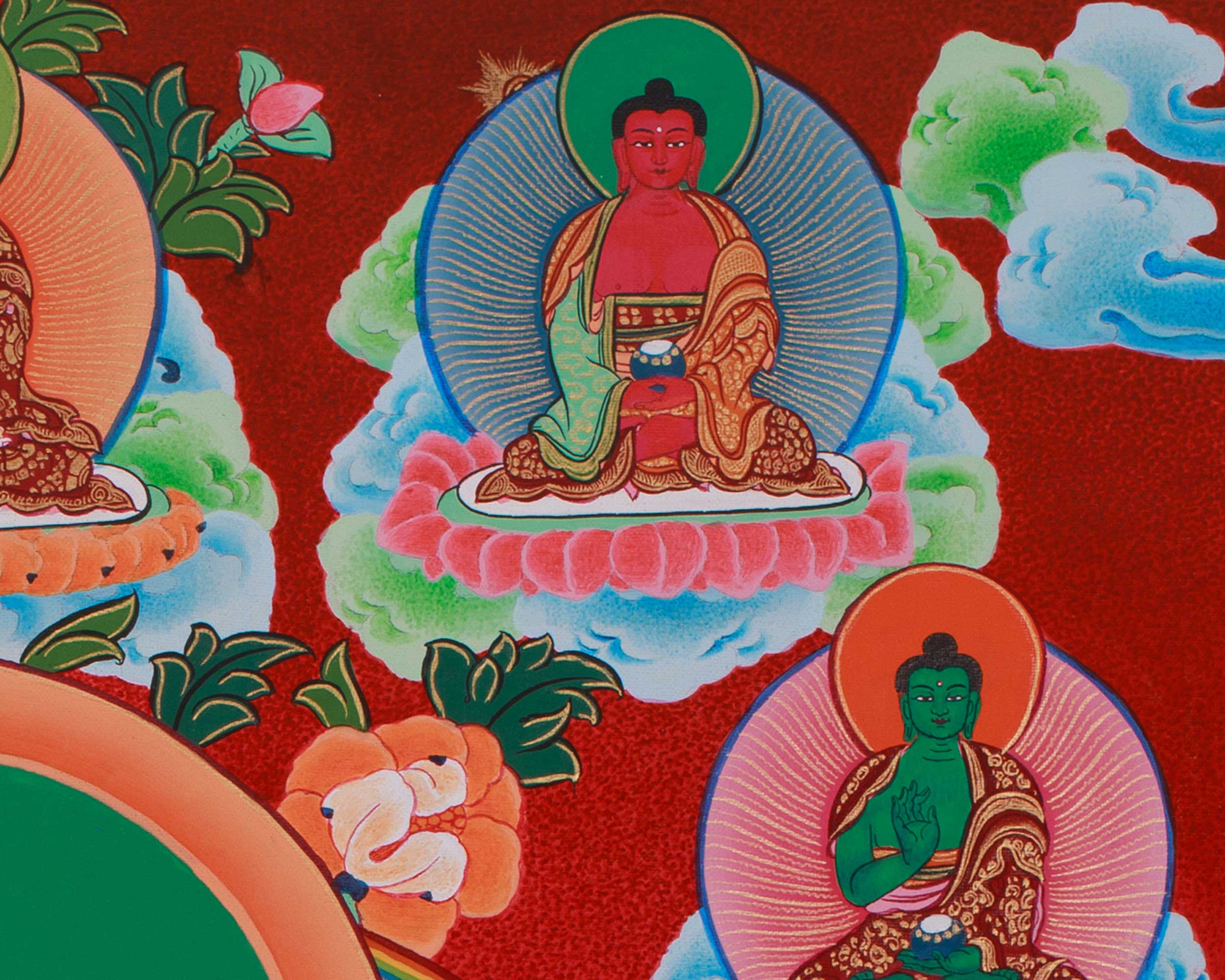 Namgyalma with Five Dhyani Buddhas White Tara and Amitayus | A Sacred Thangka of Longevity and Purification