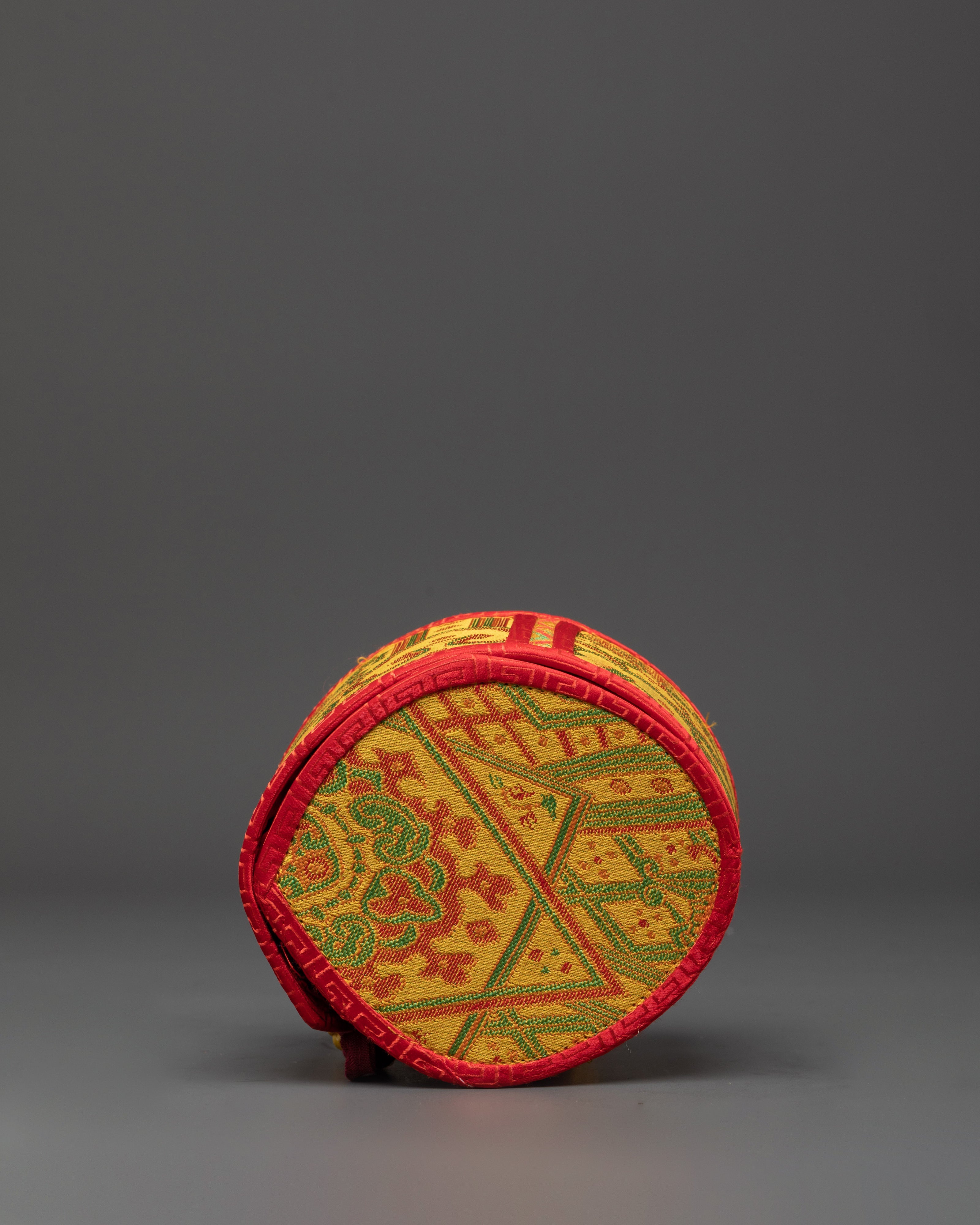 Handheld Acacia Wood Damaru | Tibetan Ritual Drum with Gold Plated