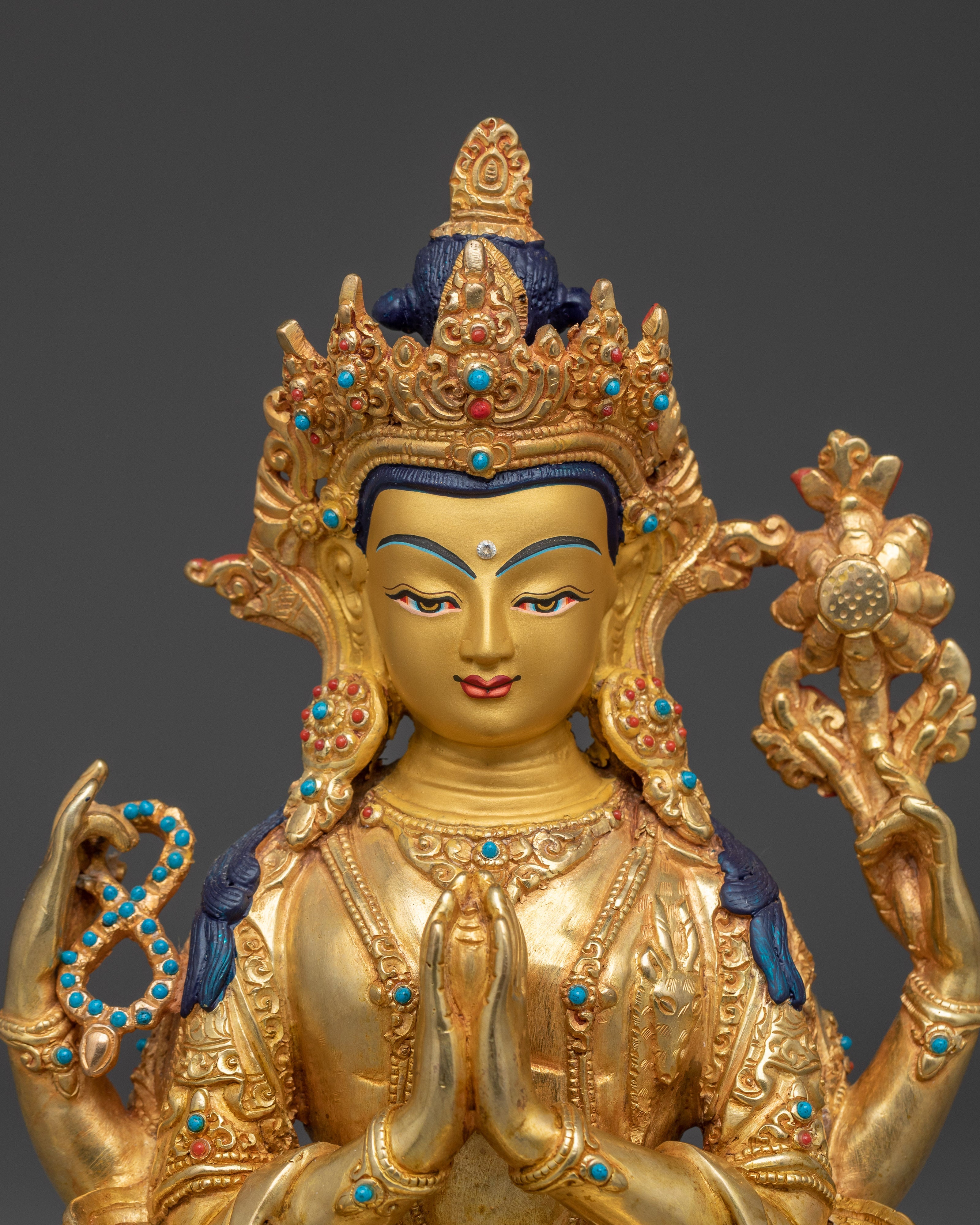 Tibetan Copper Chenrezig with Gemstone Inlay | Avalokiteshvara Sculpture for Meditation