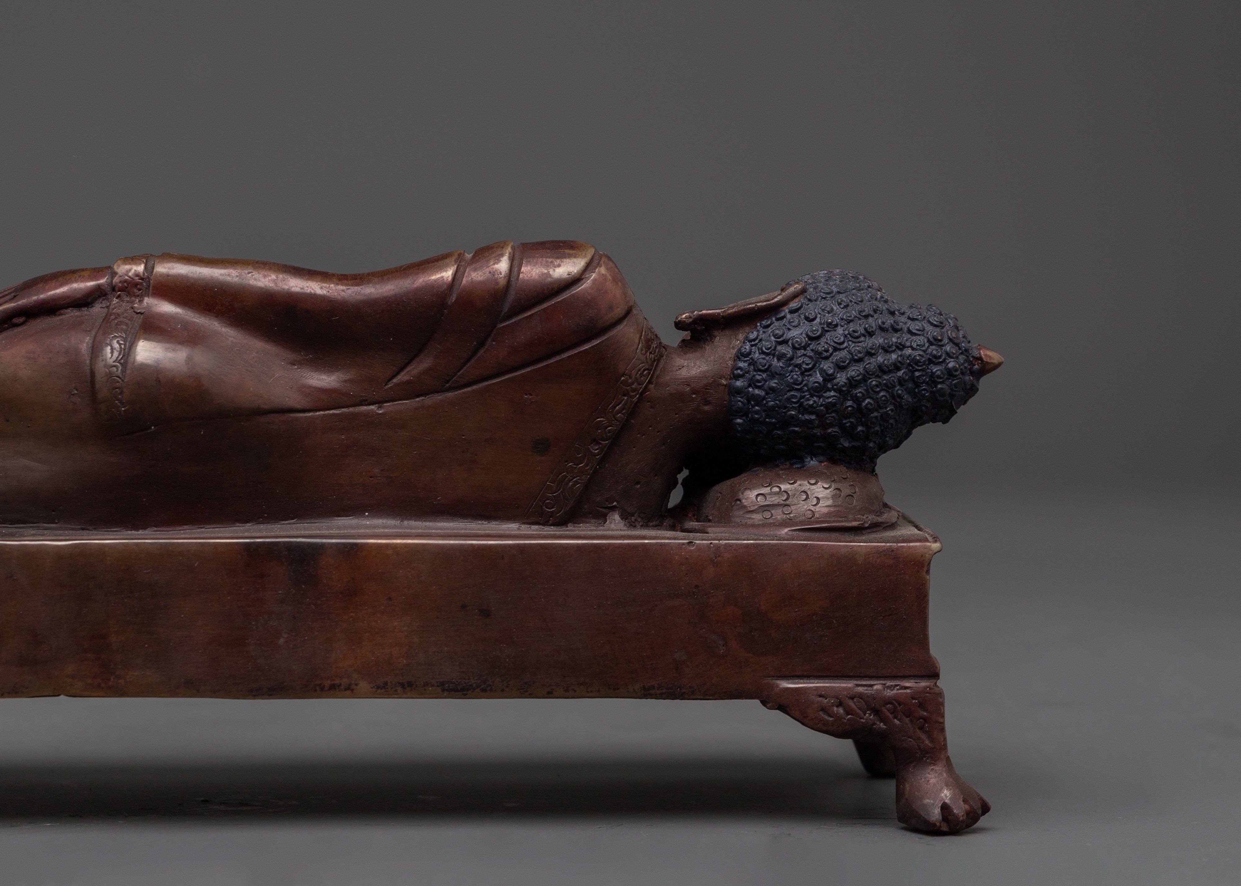 Historical Sleeping Buddha Statue | Handcrafted Oxidized Copper Reclining Buddha Figurine