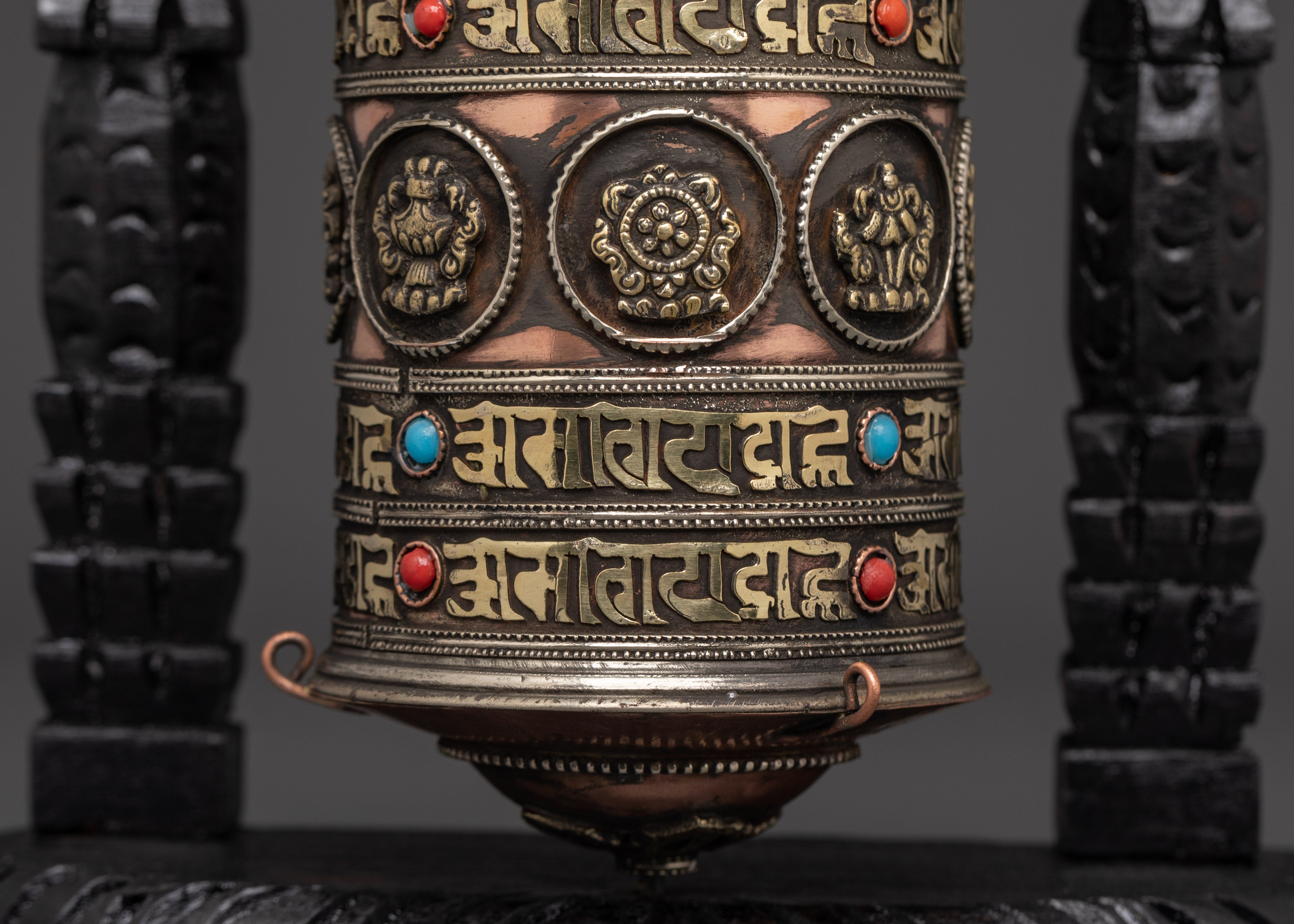 Prayer Wheel Featuring Buddhist Auspicious Symbols | Handcarved Wooden Frame