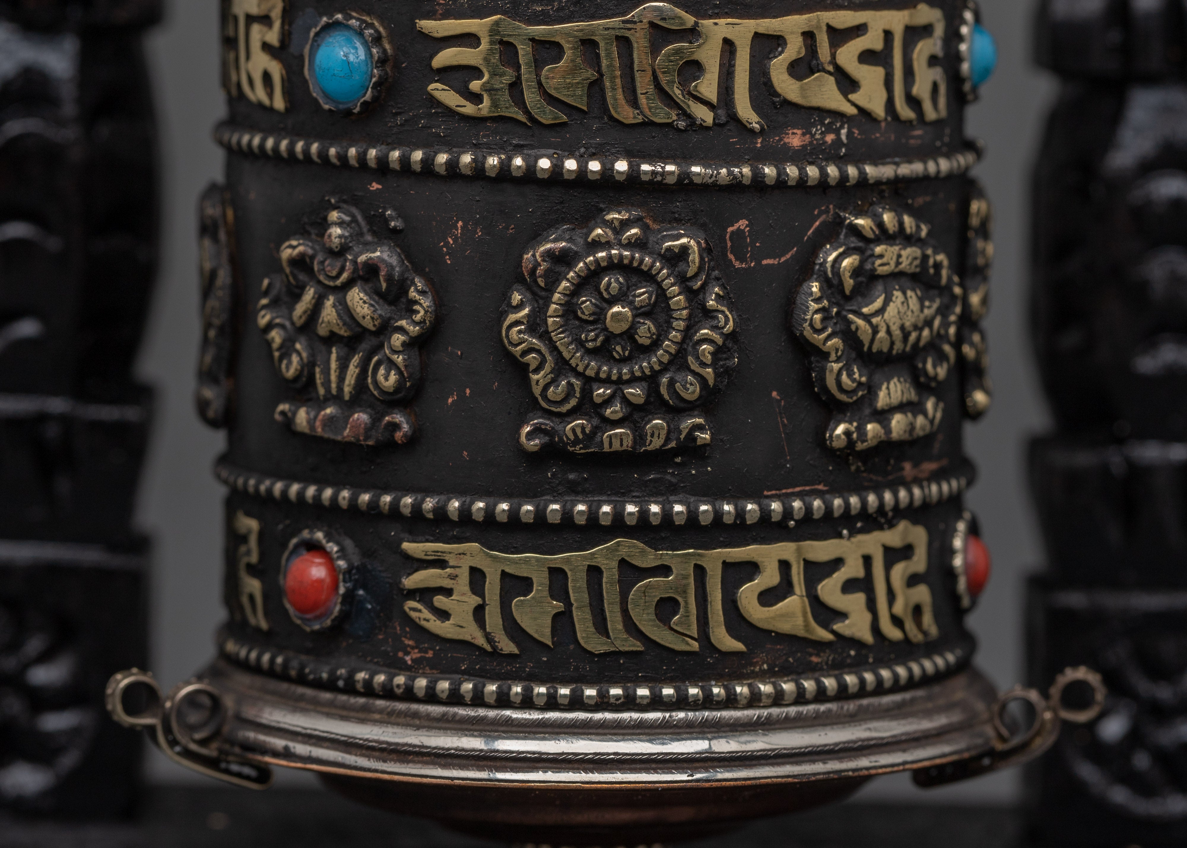 Prayer Wheel with Tibetan Auspicious Symbols | Tibetan Altar Decor for Mindfulness
