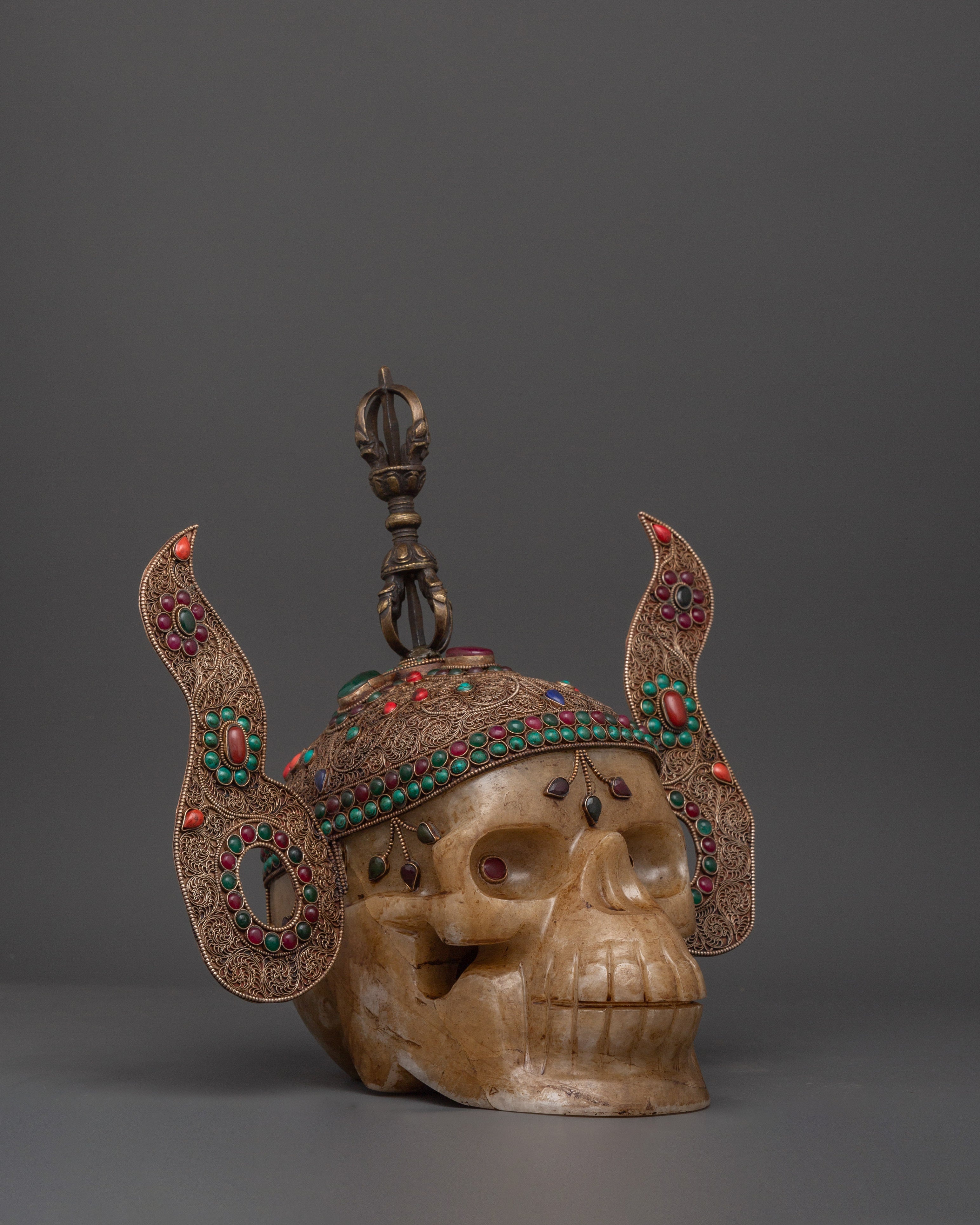 Mystic Skull Decor Copper Body with Silver Plating | Inlaid Coral, Turquoise & Crystal