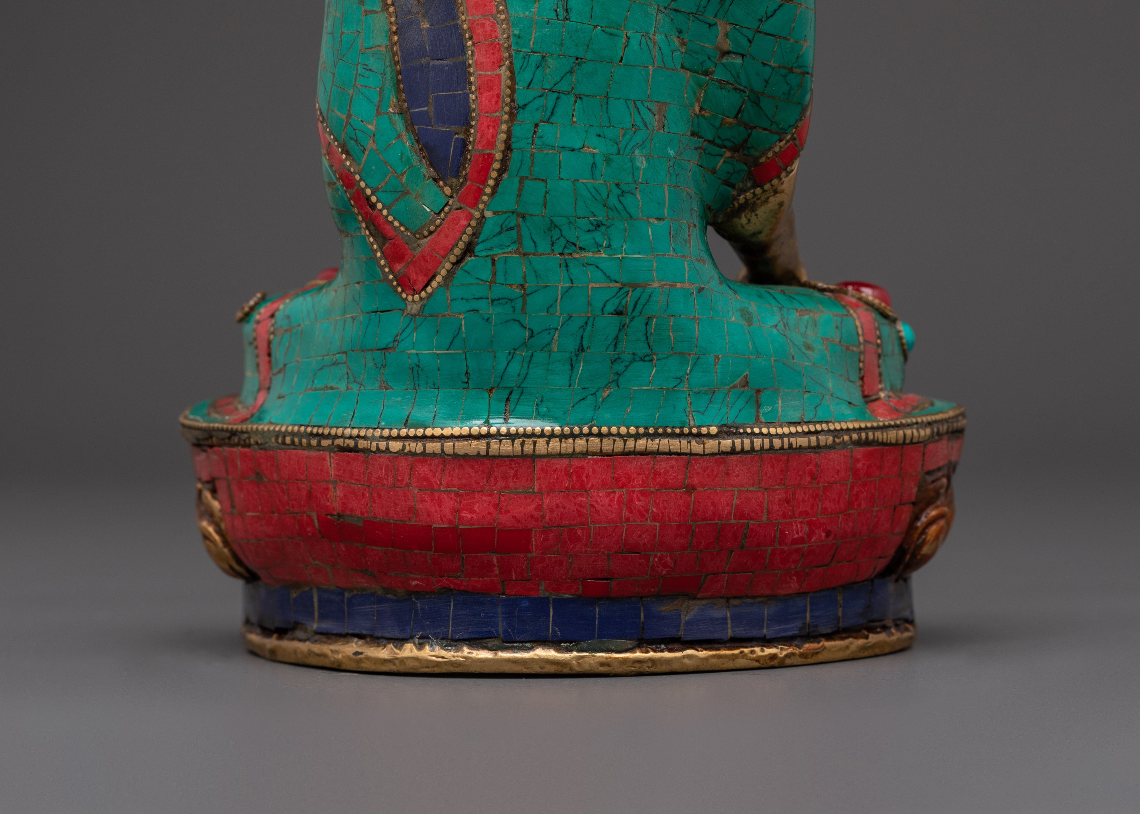 Brass Gautama Buddha Statue | Enlightened One in Vibrant Turquoise & Coral