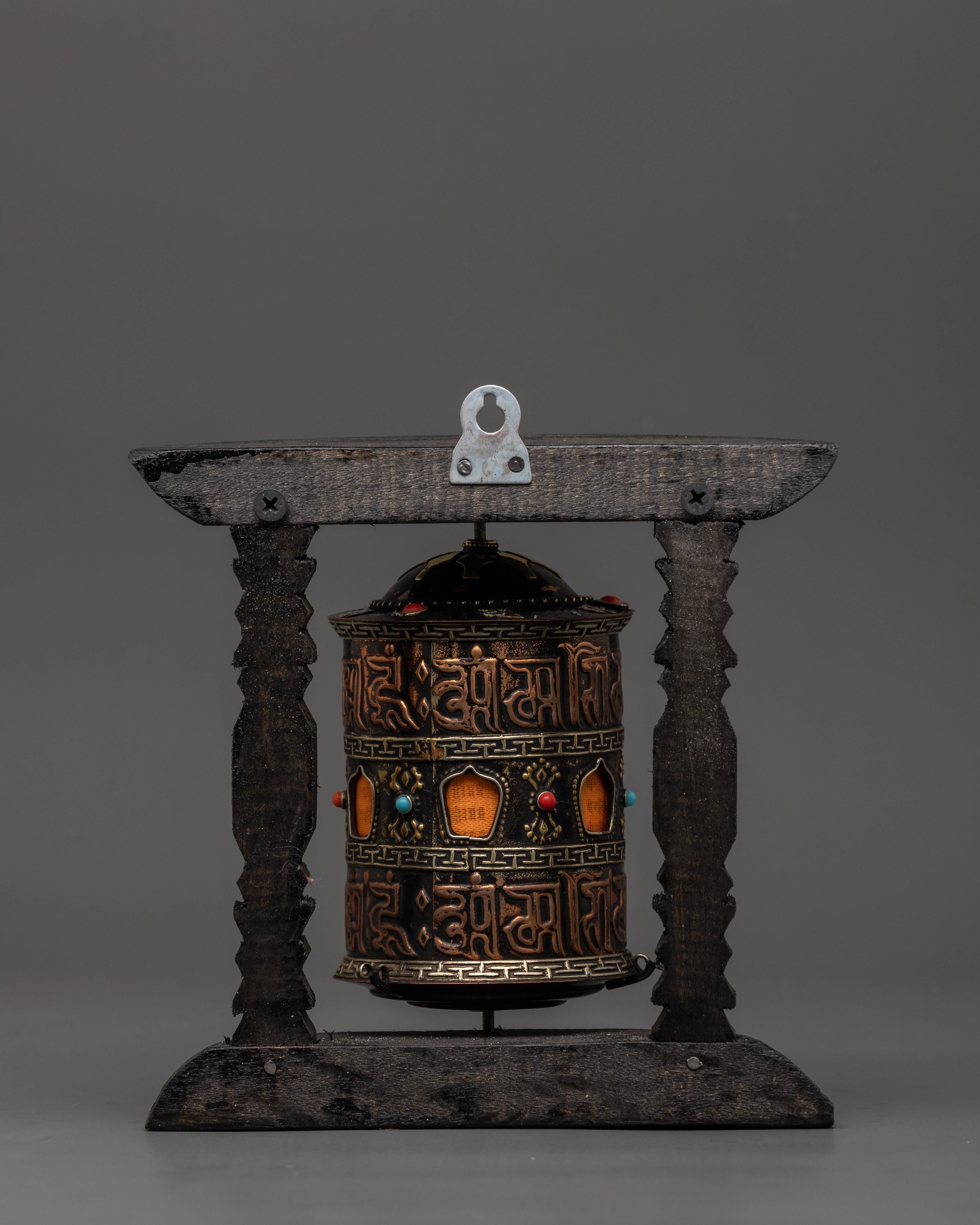 Sacred Tibetan Spinning Mantra Wheel | Copper, Coral, and Turquoise Stones
