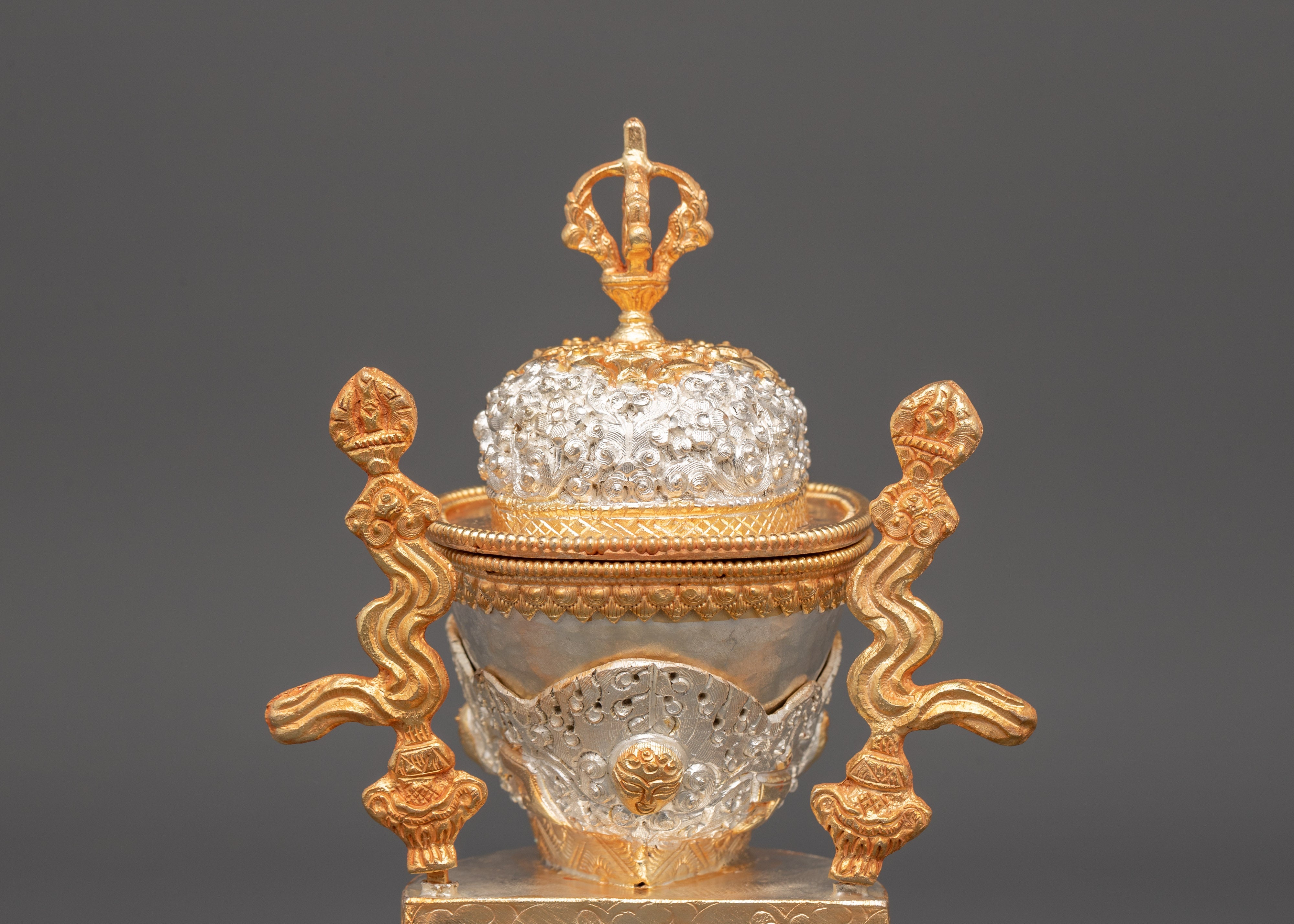 Silver & Gold-Plated Kapala Skull Cup | Tibetan Ritual Offering Bowl