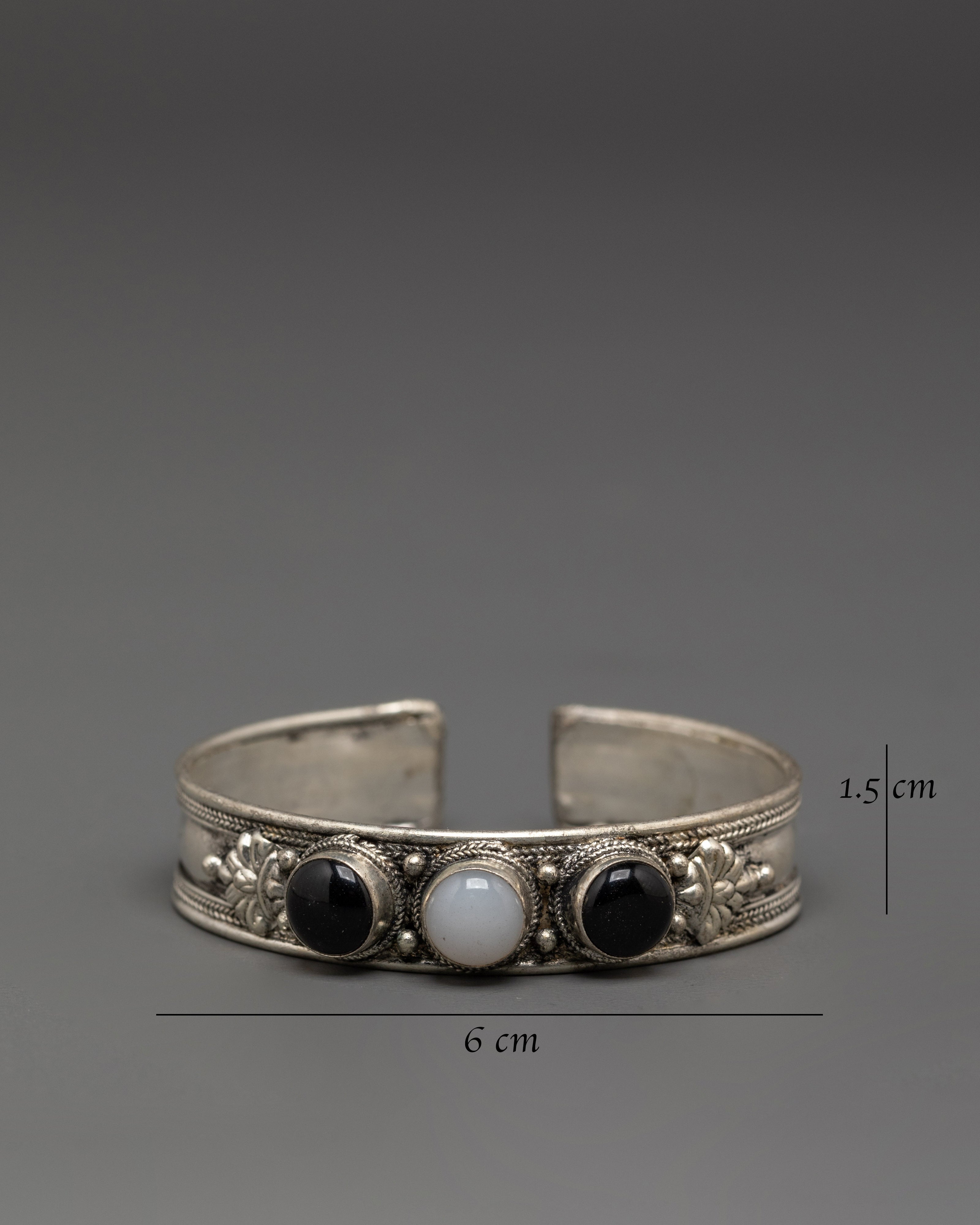 Traditional Himalayan Cuff Bracelet | White Metal Jewelry with Onyx and Moonstone