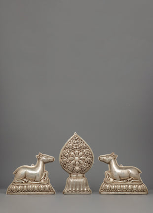 Silver-plated Dharma Wheel with Deer Set