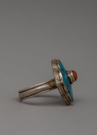 Stylish Silver Finger Ring with Turquoise and Coral Stones |  Handcrafted Artisan Jewelry
