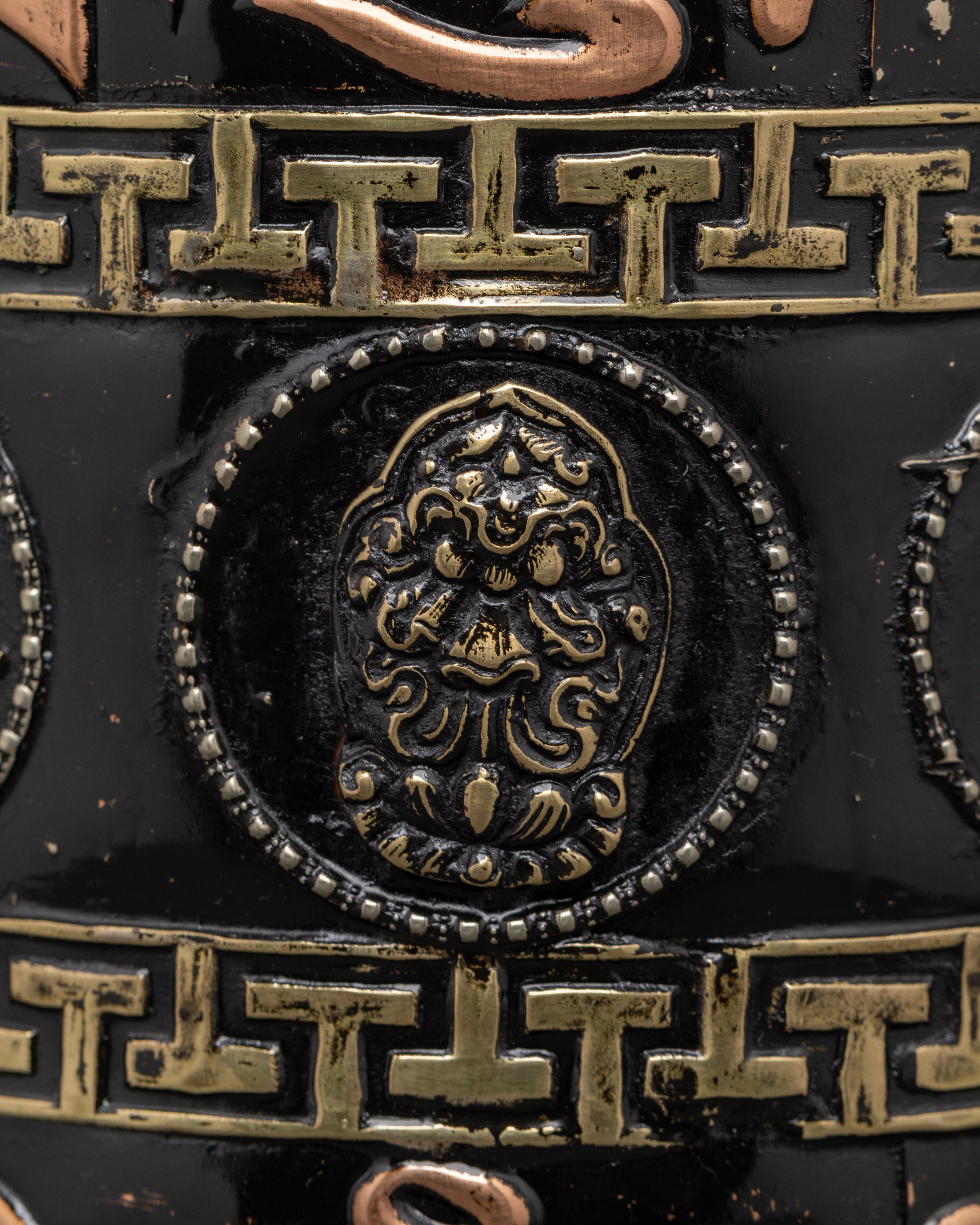 Copper & Brass Prayer Wheel | Sacred Black Wood Frame