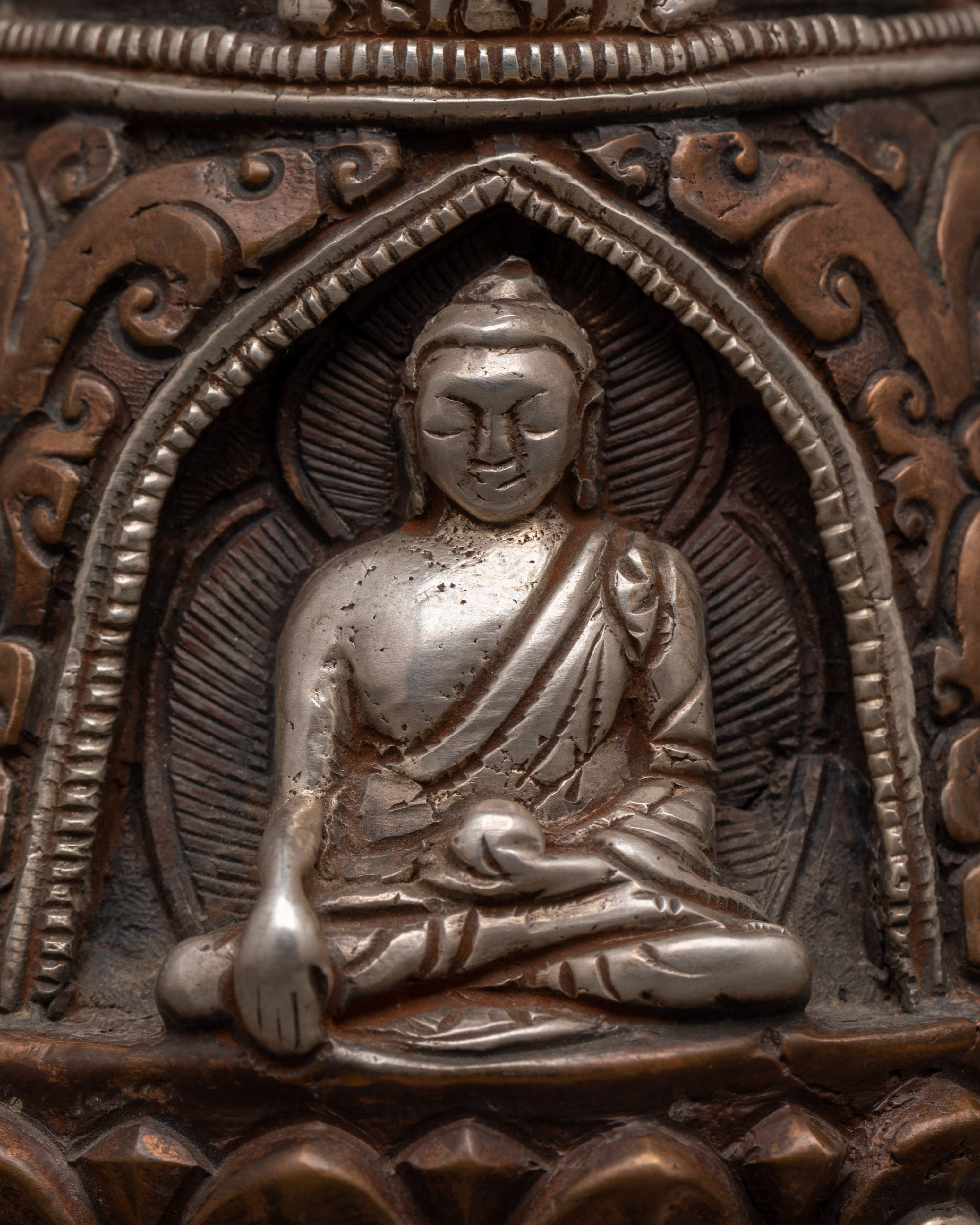 Lotus Moon Disc Engraved Buddha Stupa | Handcrafted Tibetan Stupa