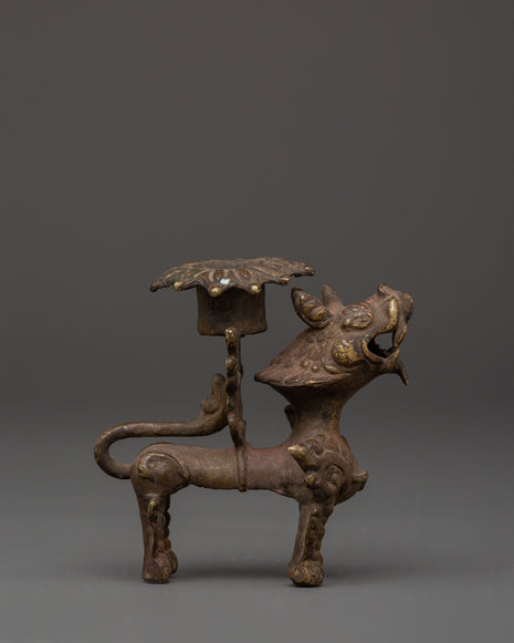 Bronze Lion Candle Holder for Hindu Rituals 