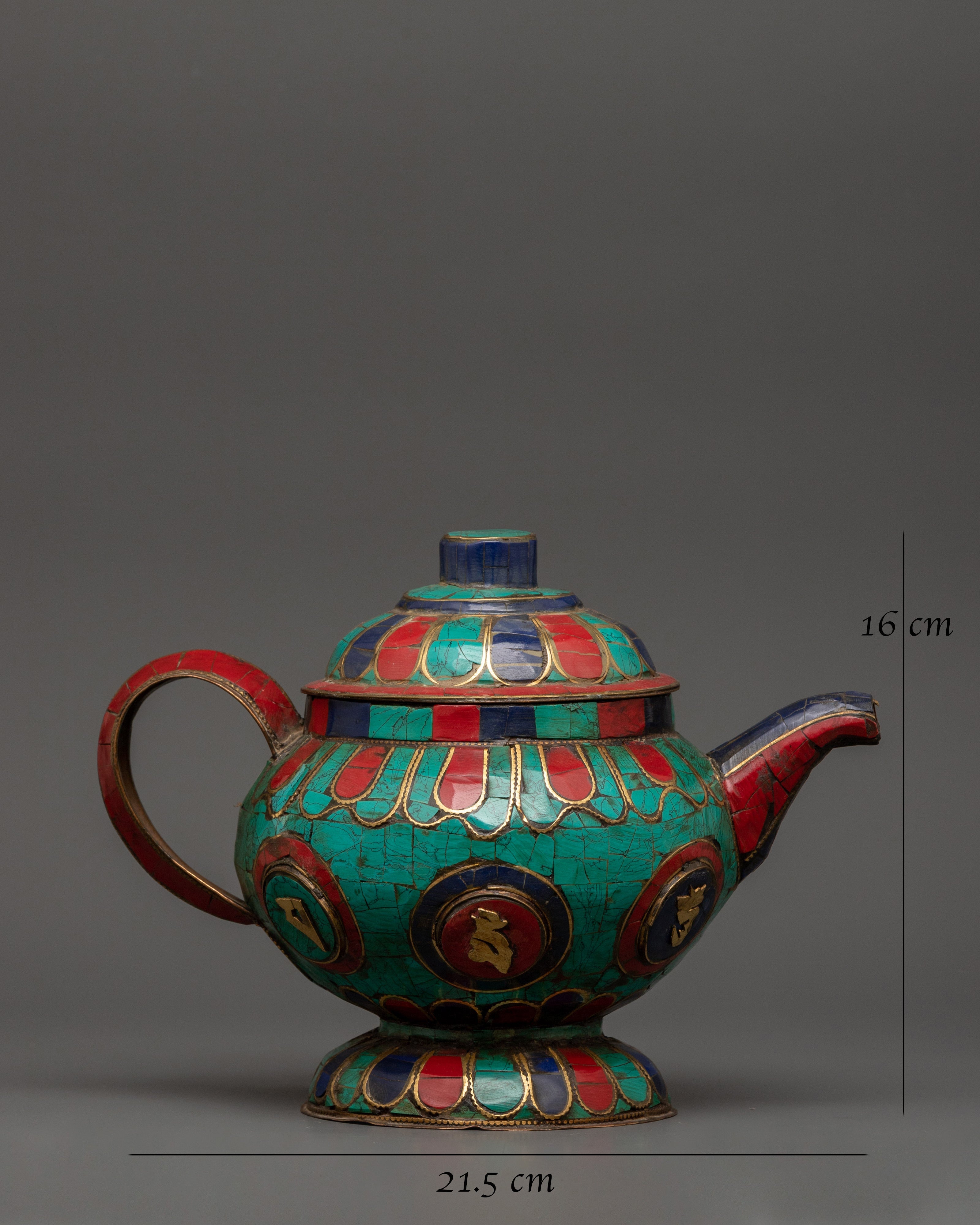 Gemstone Tea Pot with Mantra Carving | Turquoise, Coral & Lapis Sacred Decor