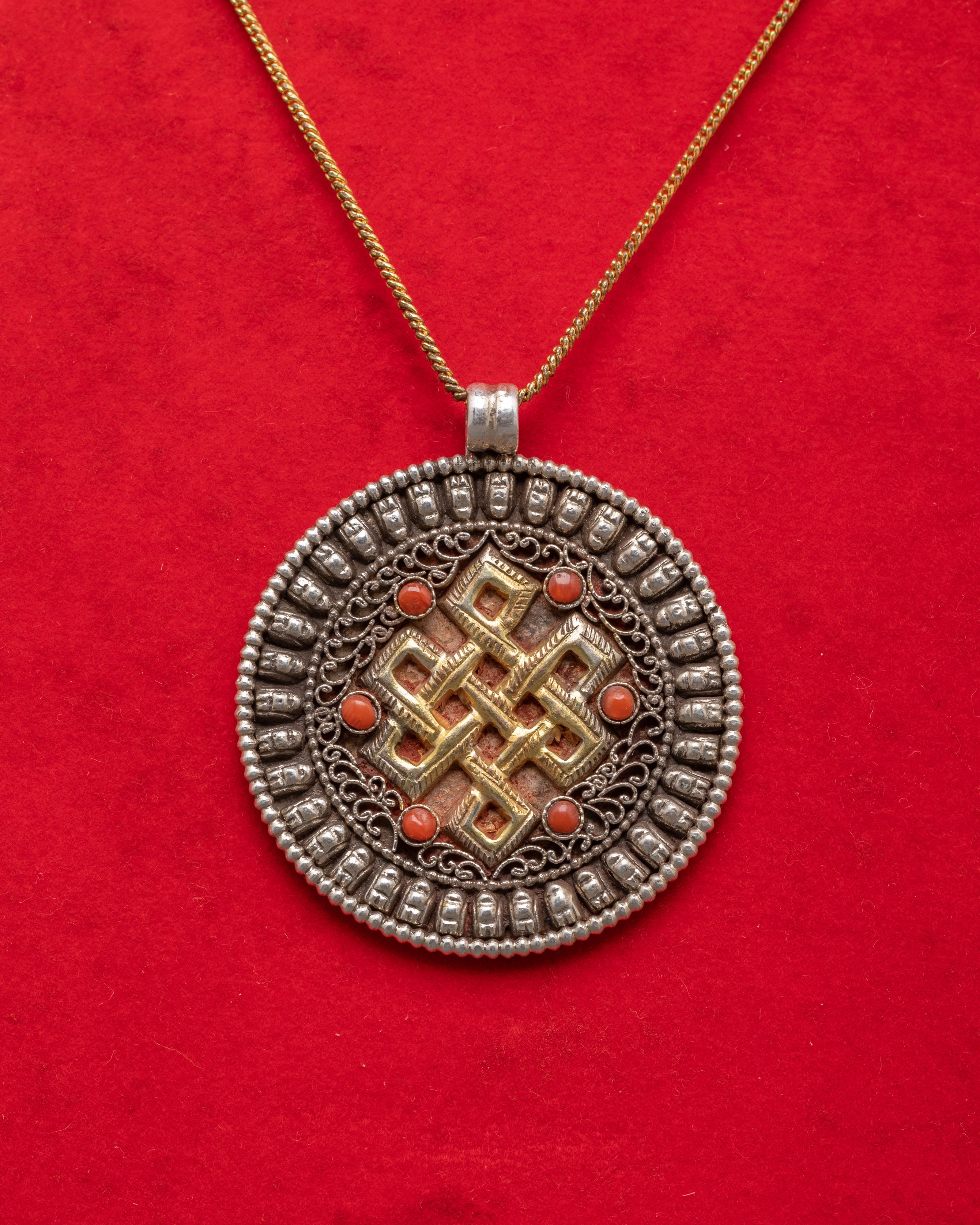Handmade Endless Knot Pendant | Tibetan Silver Coral Jewelry