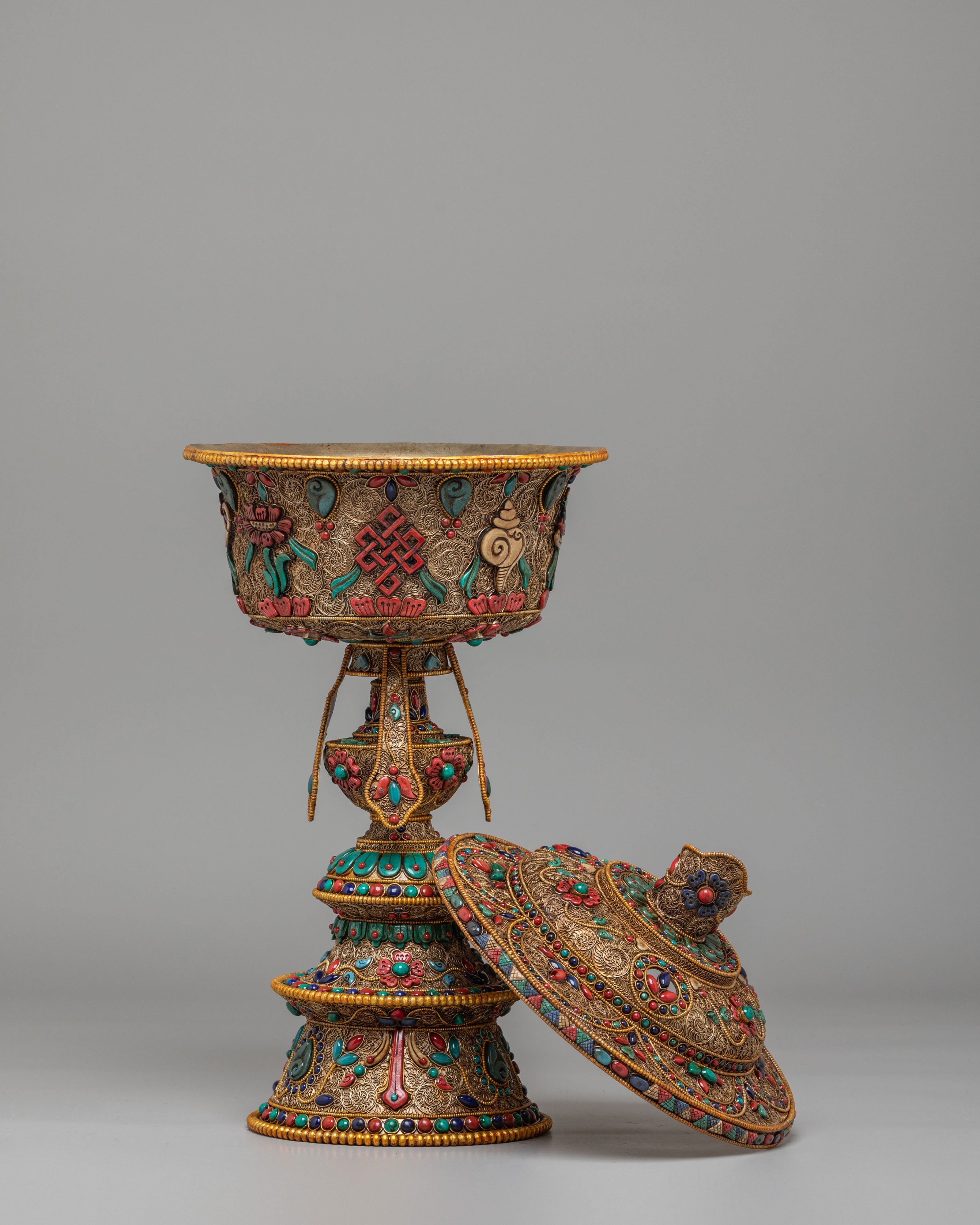 Buddhist Altar Butter Lamp Set | Gemstone Inlaid Copper Offering Lamps