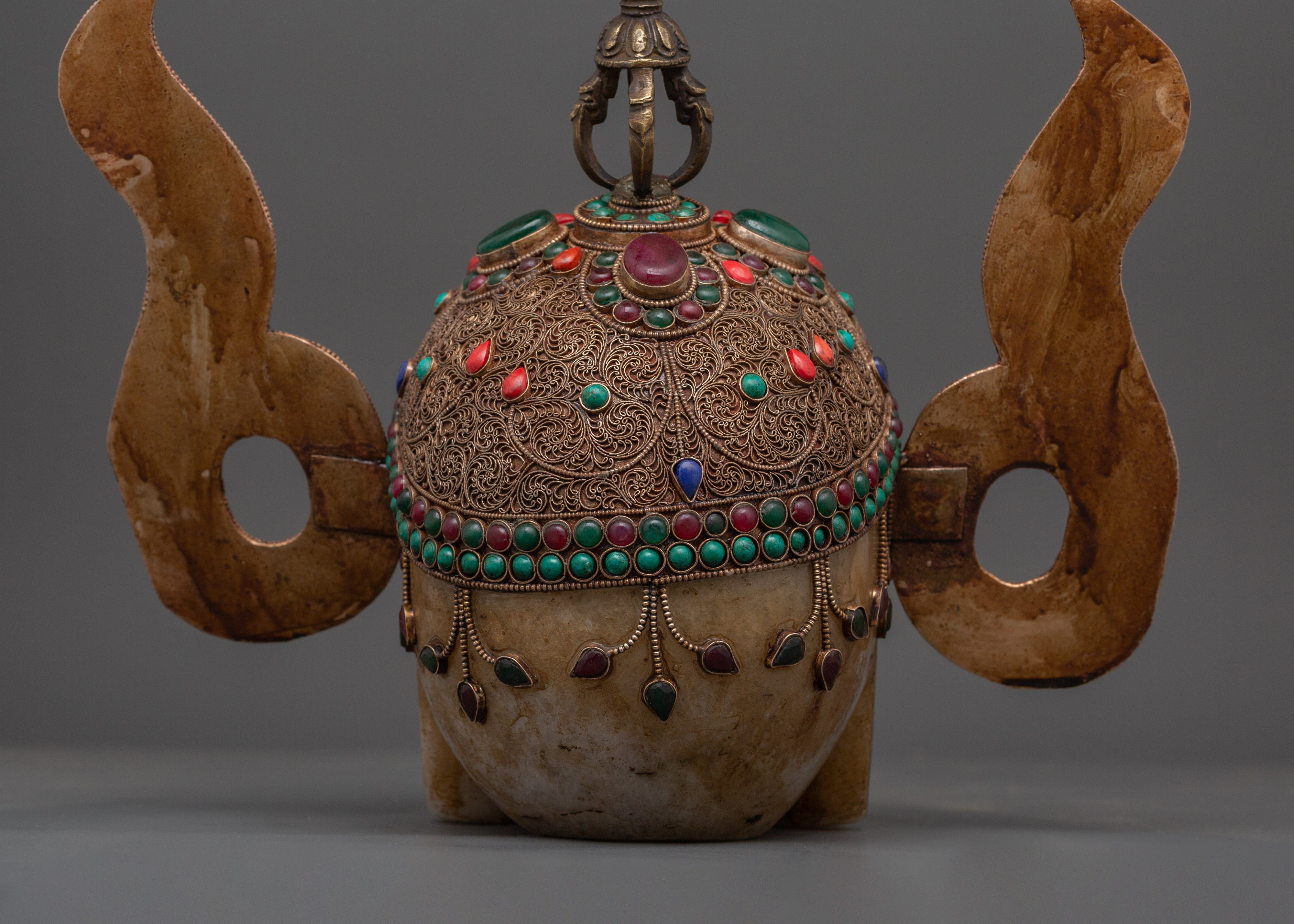 Mystic Skull Decor Copper Body with Silver Plating | Inlaid Coral, Turquoise & Crystal